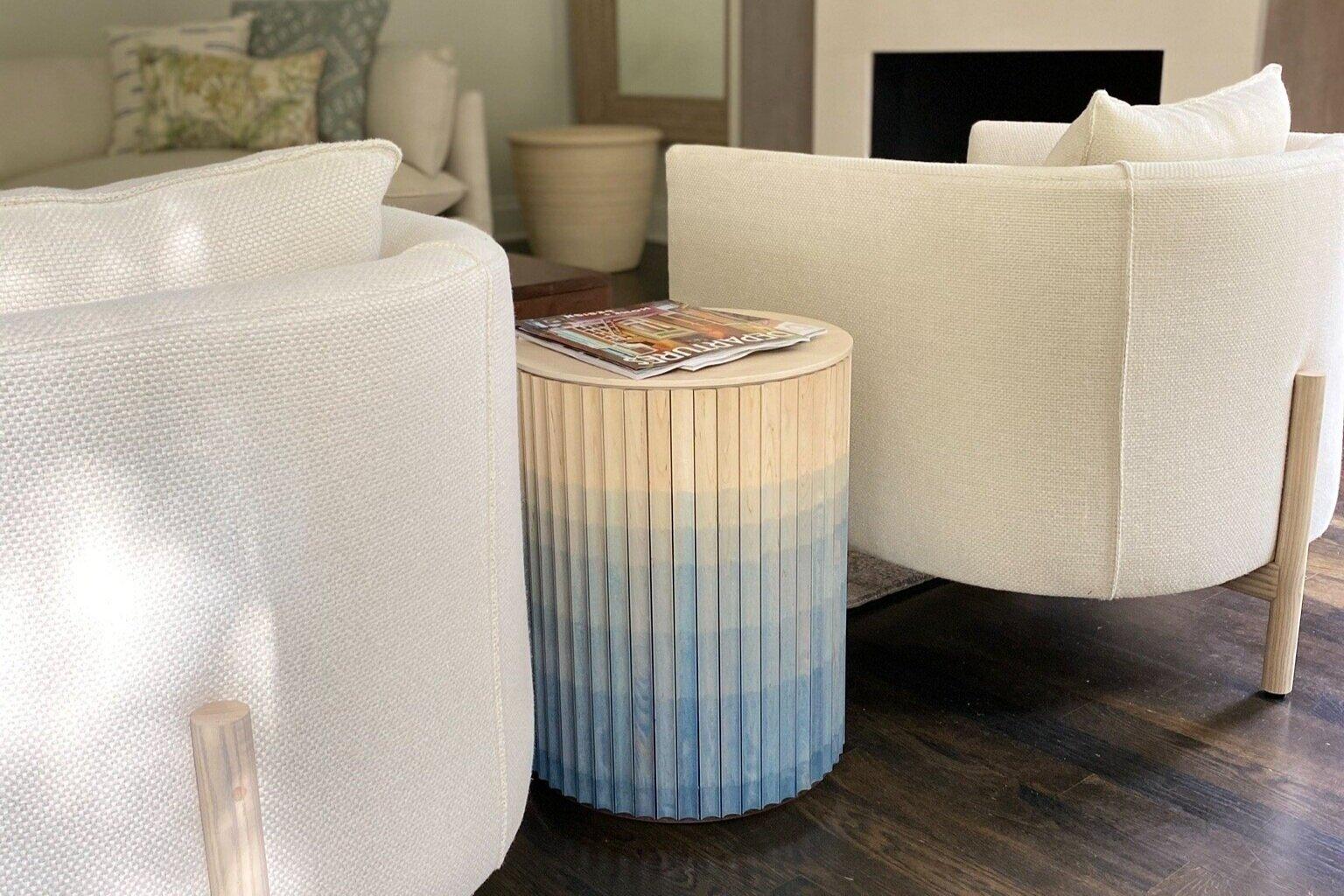 Contemporary Pilar Round End Table / Cobalt Blue Ombré Maple Wood / Crema Marble Top by INDO- For Sale