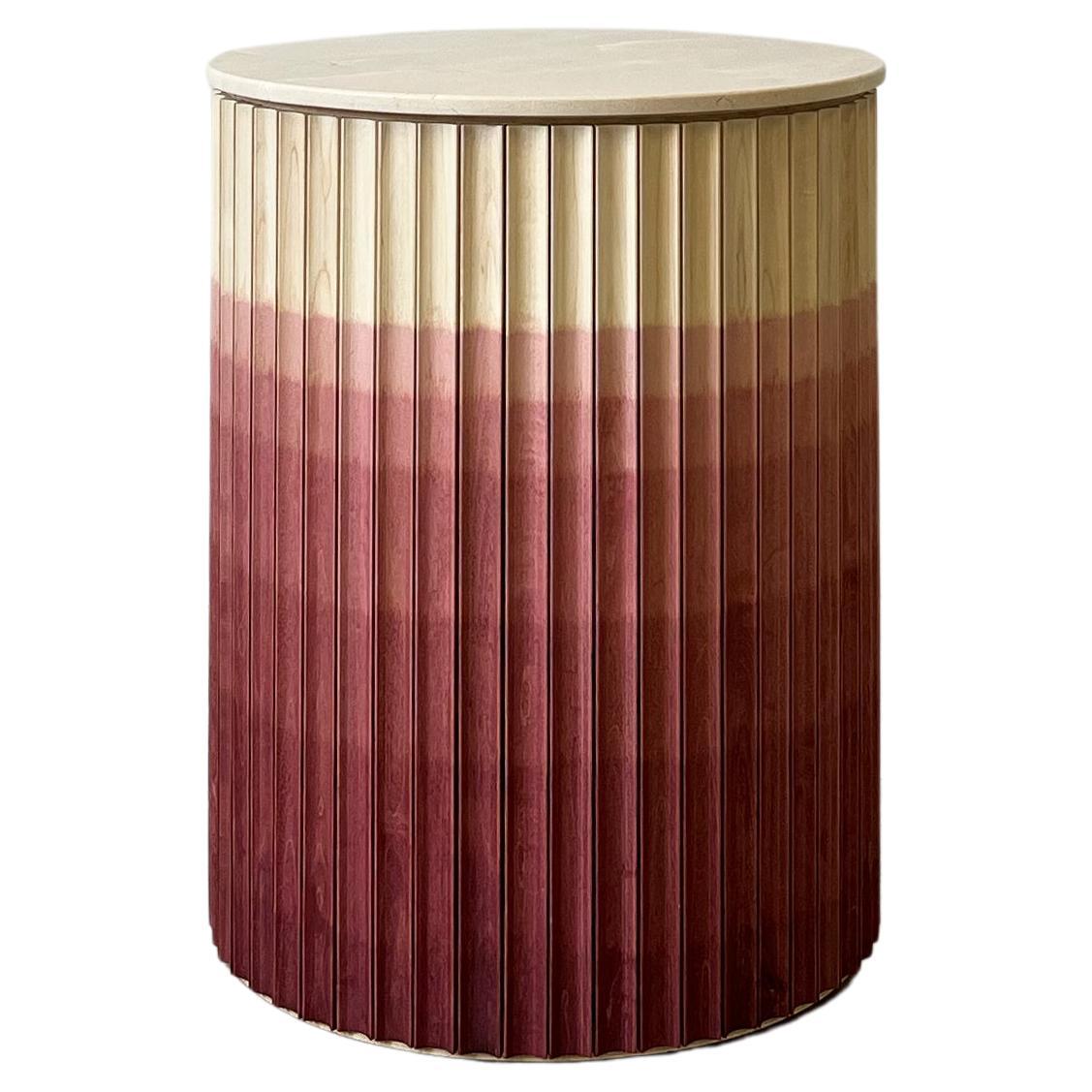 Pilar Round End Table / Copper Red Ombré Maple Wood / Crema Marble Top by INDO- For Sale