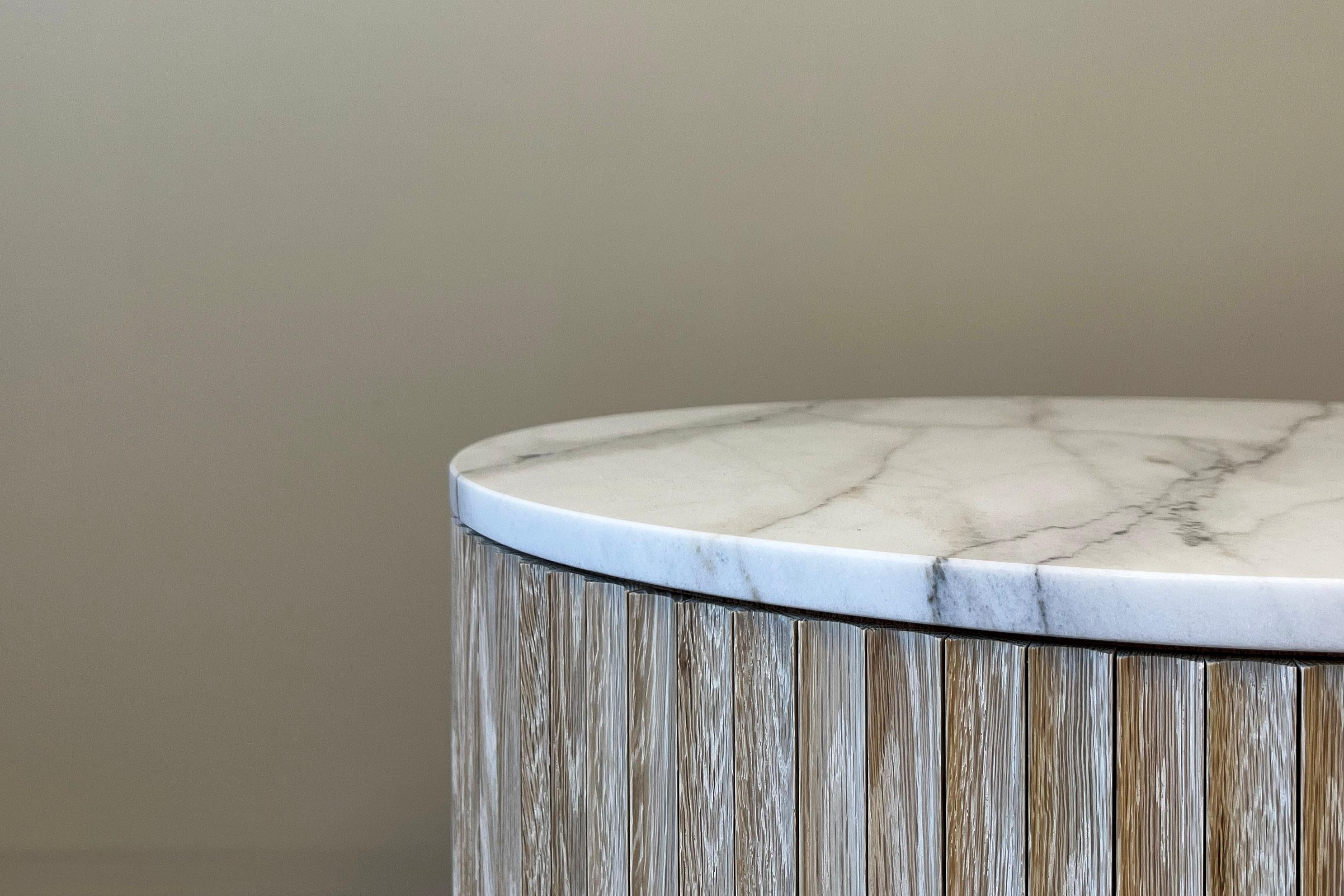 Contemporary Pilar Round Side Table / Bleached Oak Wood + Carrara Marble Top by INDO- For Sale