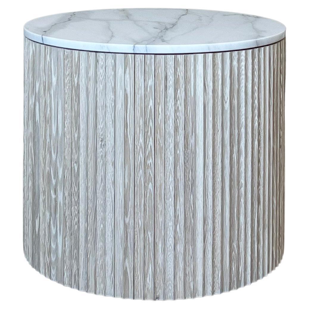 Pilar Round Side Table / Bleached Oak Wood + Carrara Marble Top by INDO- For Sale