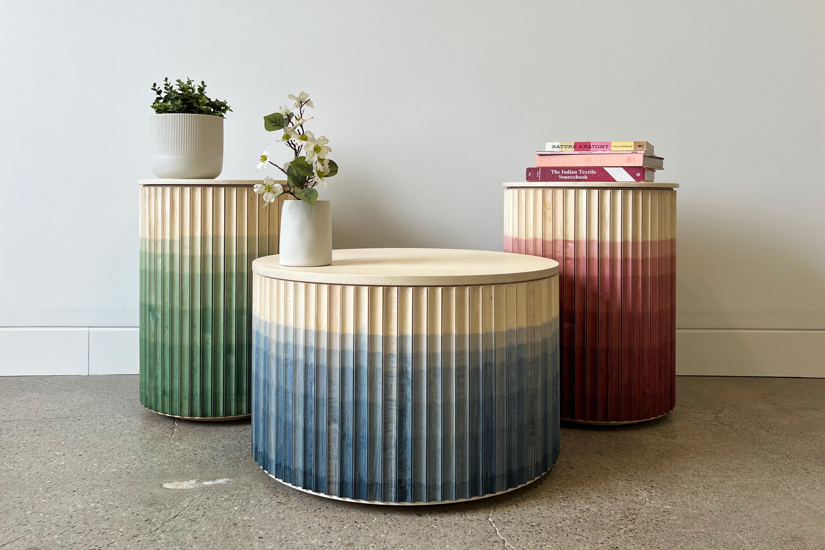 Marble Pilar Round Side Table / Blue Ombré on Oak Wood by INDO- For Sale