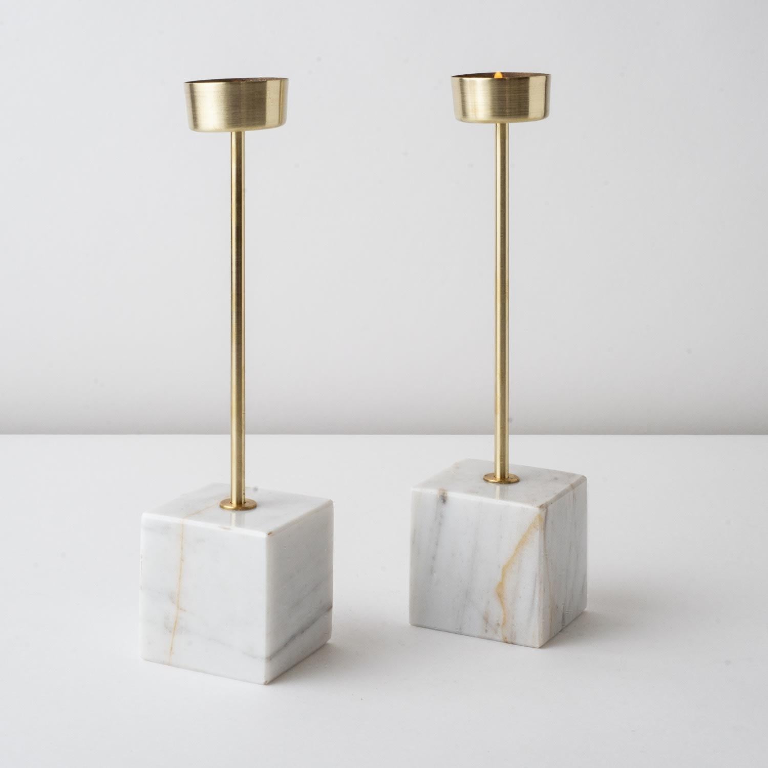 Mexican Pilar White Marble & Brass Candle Holders For Sale