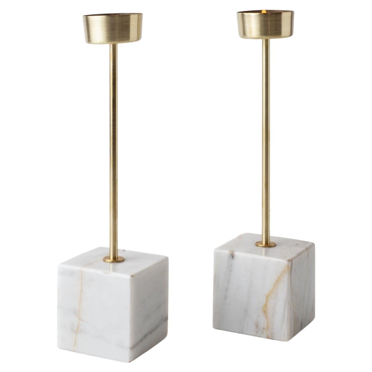 Pilar White Marble & Brass Candle Holders For Sale