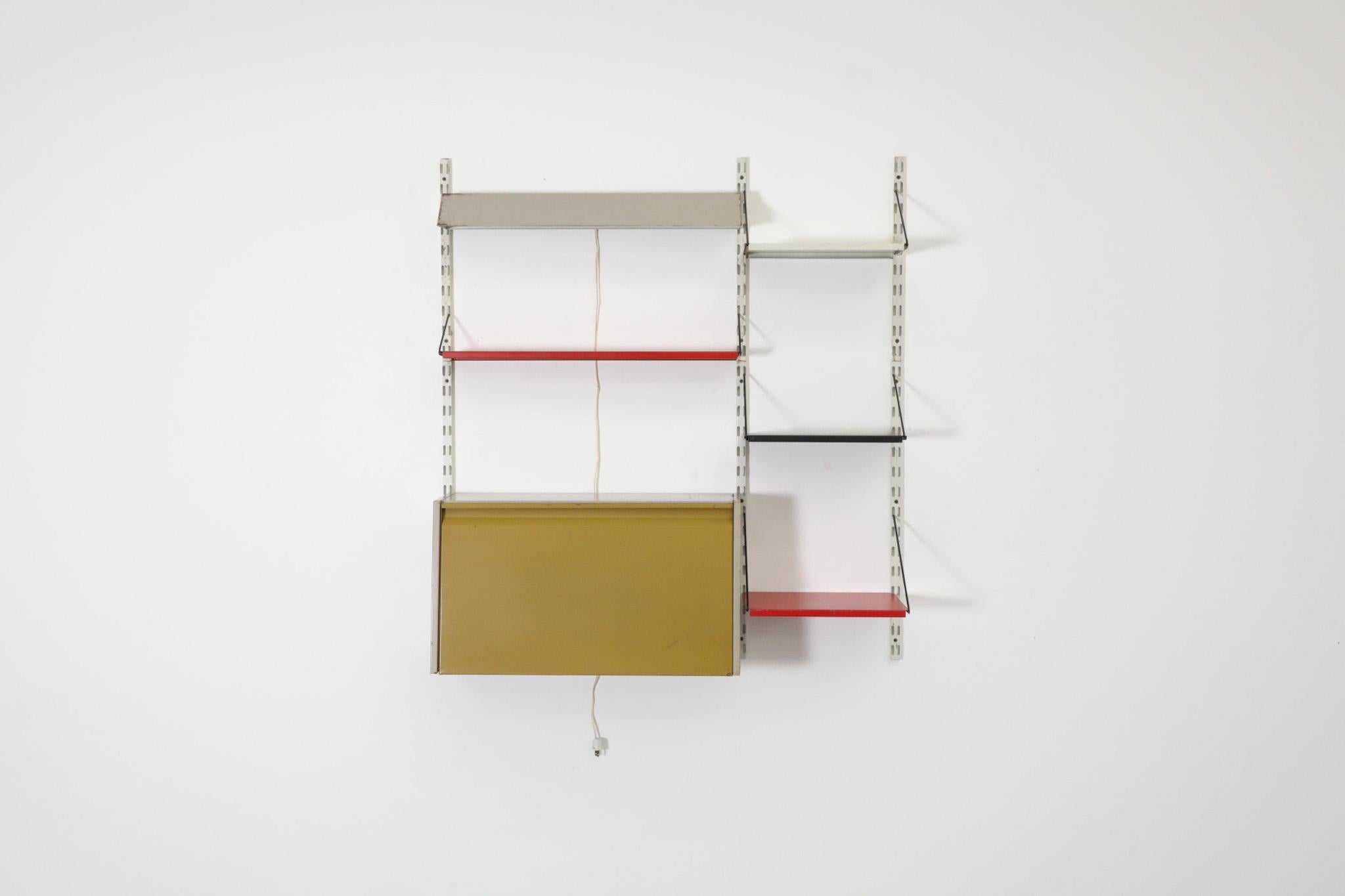 Mid-Century Modern Pilastro 2 Section Wall Mount Shelving Unit with Drop Down Desk and Light For Sale