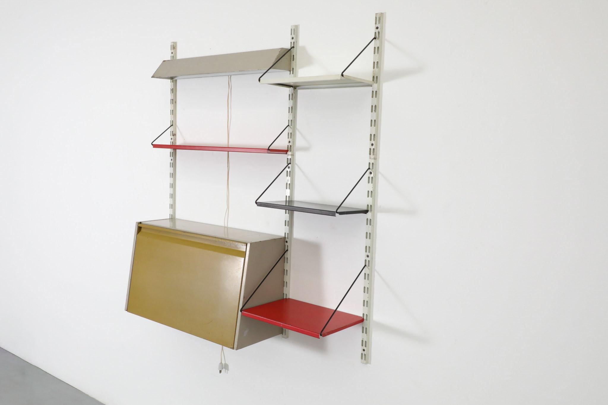 Dutch Pilastro 2 Section Wall Mount Shelving Unit with Drop Down Desk and Light For Sale