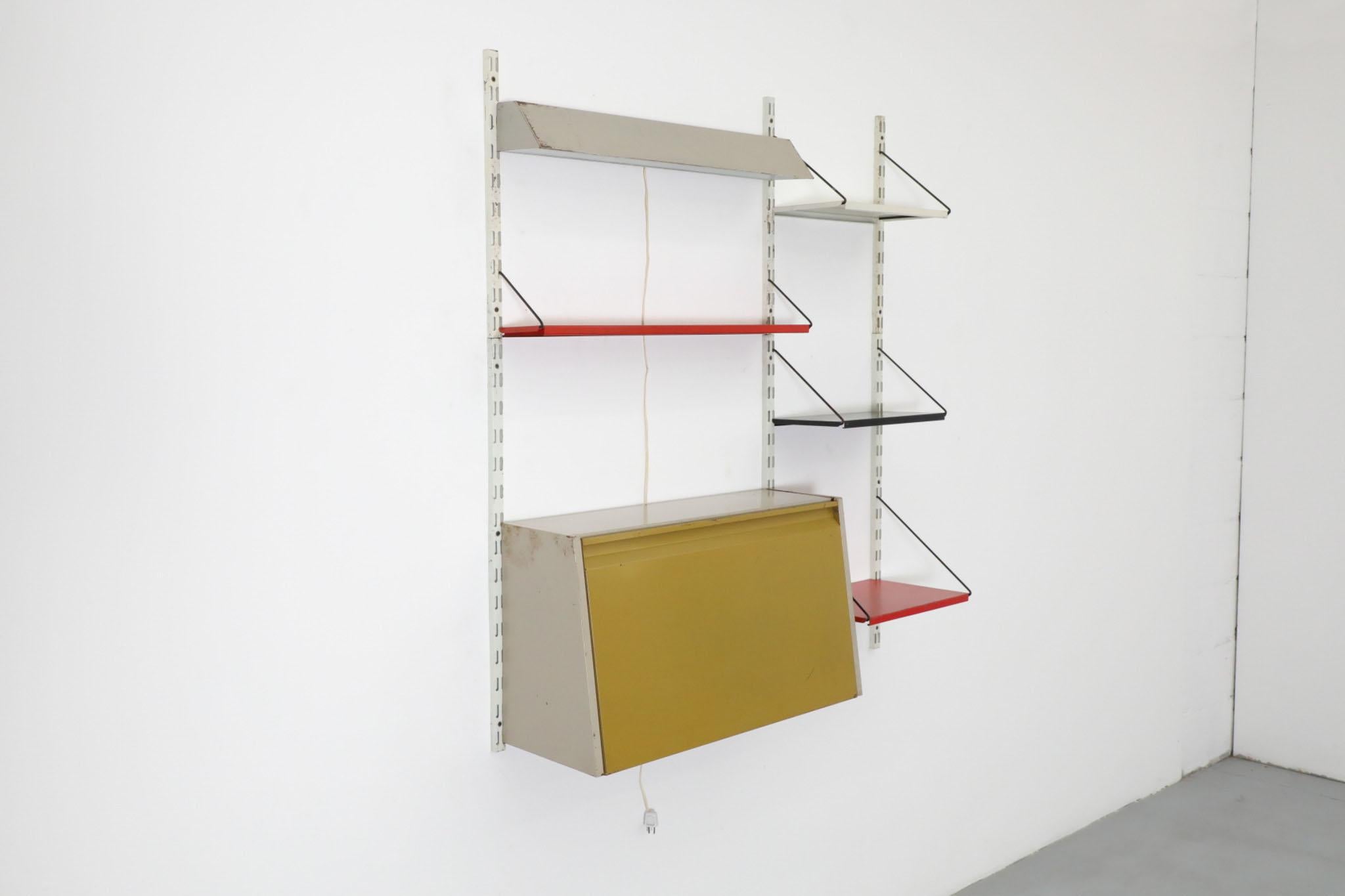 Enameled Pilastro 2 Section Wall Mount Shelving Unit with Drop Down Desk and Light For Sale