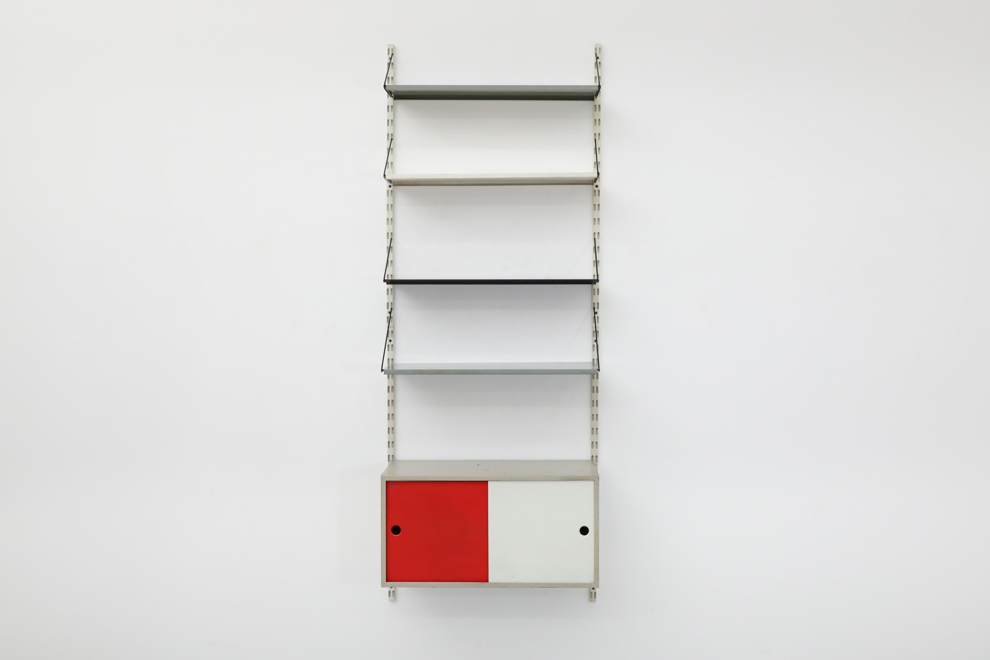 Mid-Century Modern Pilastro Adjustable Metal Shelving Unit w/ Red and White Cabinet & Four Shelves For Sale