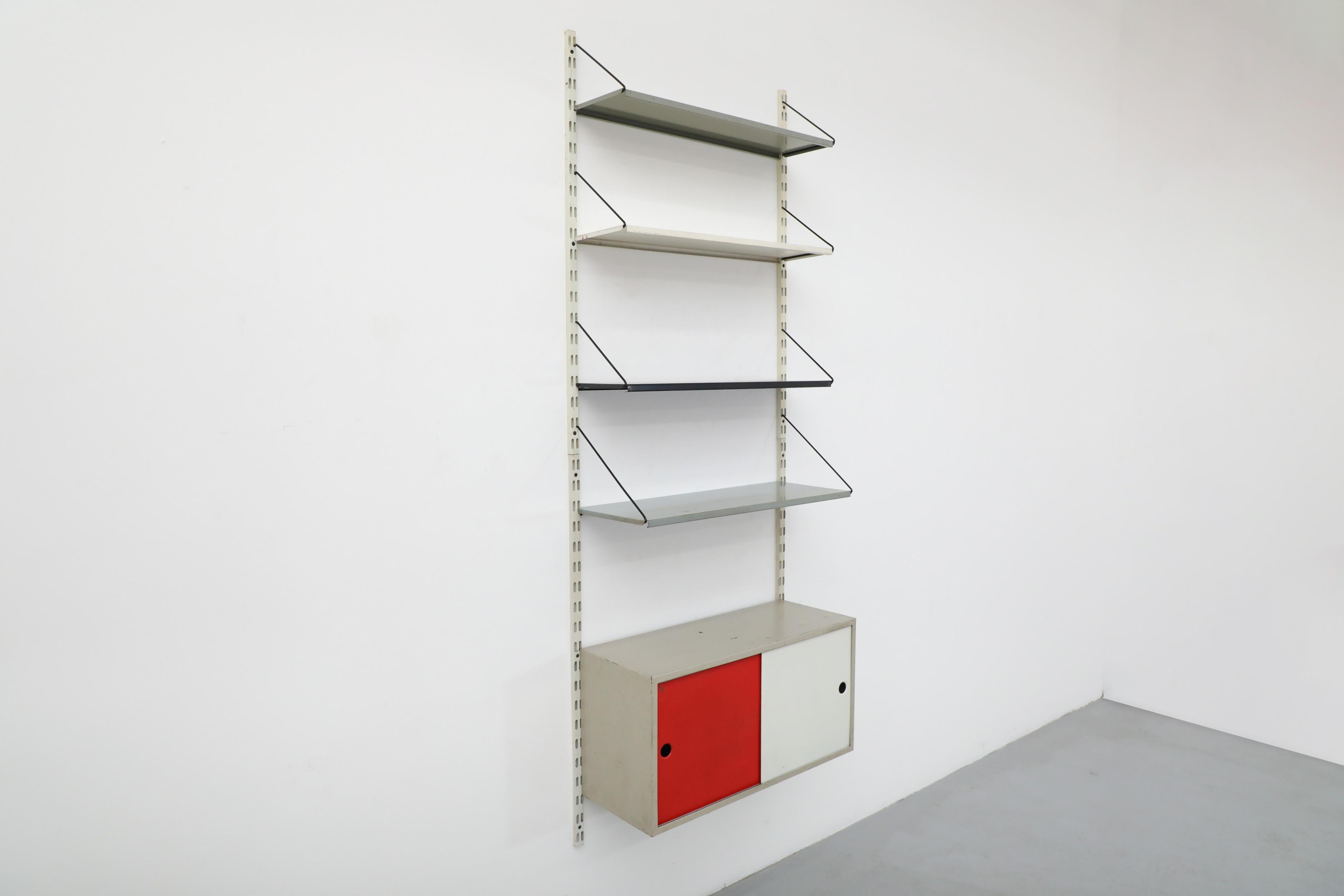 Dutch Pilastro Adjustable Metal Shelving Unit w/ Red and White Cabinet & Four Shelves For Sale