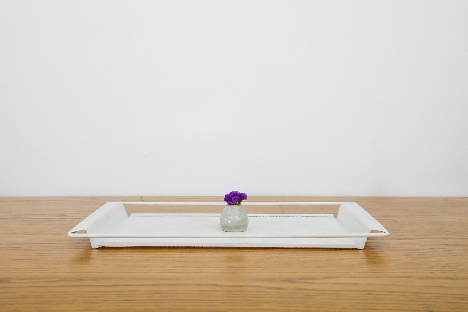 Mid-Century Modern Pilastro Attributed Mategot Style White Enameled Perforated Metal Serving Tray For Sale