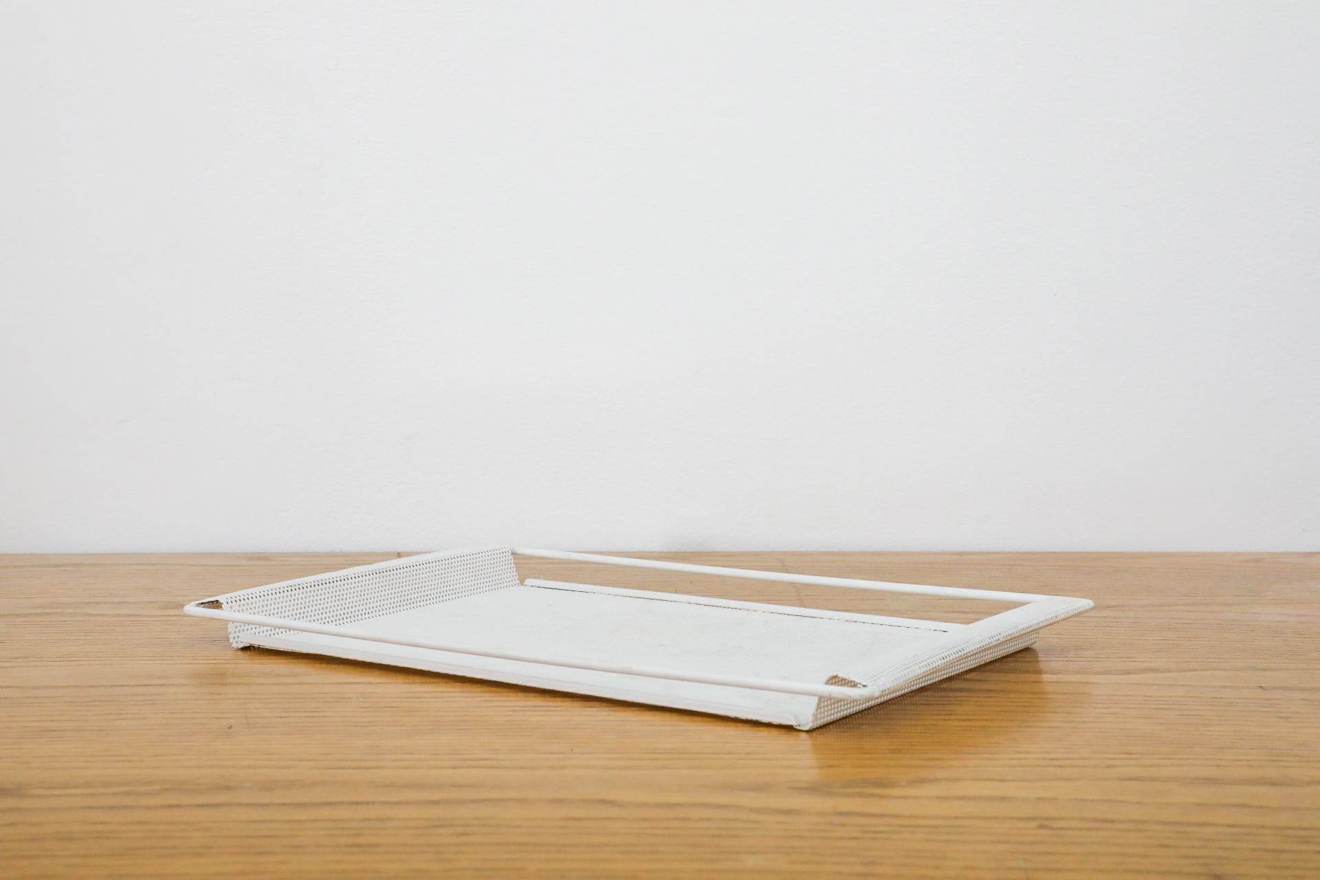 Pilastro Attributed Mategot Style White Enameled Perforated Metal Serving Tray In Good Condition For Sale In Los Angeles, CA