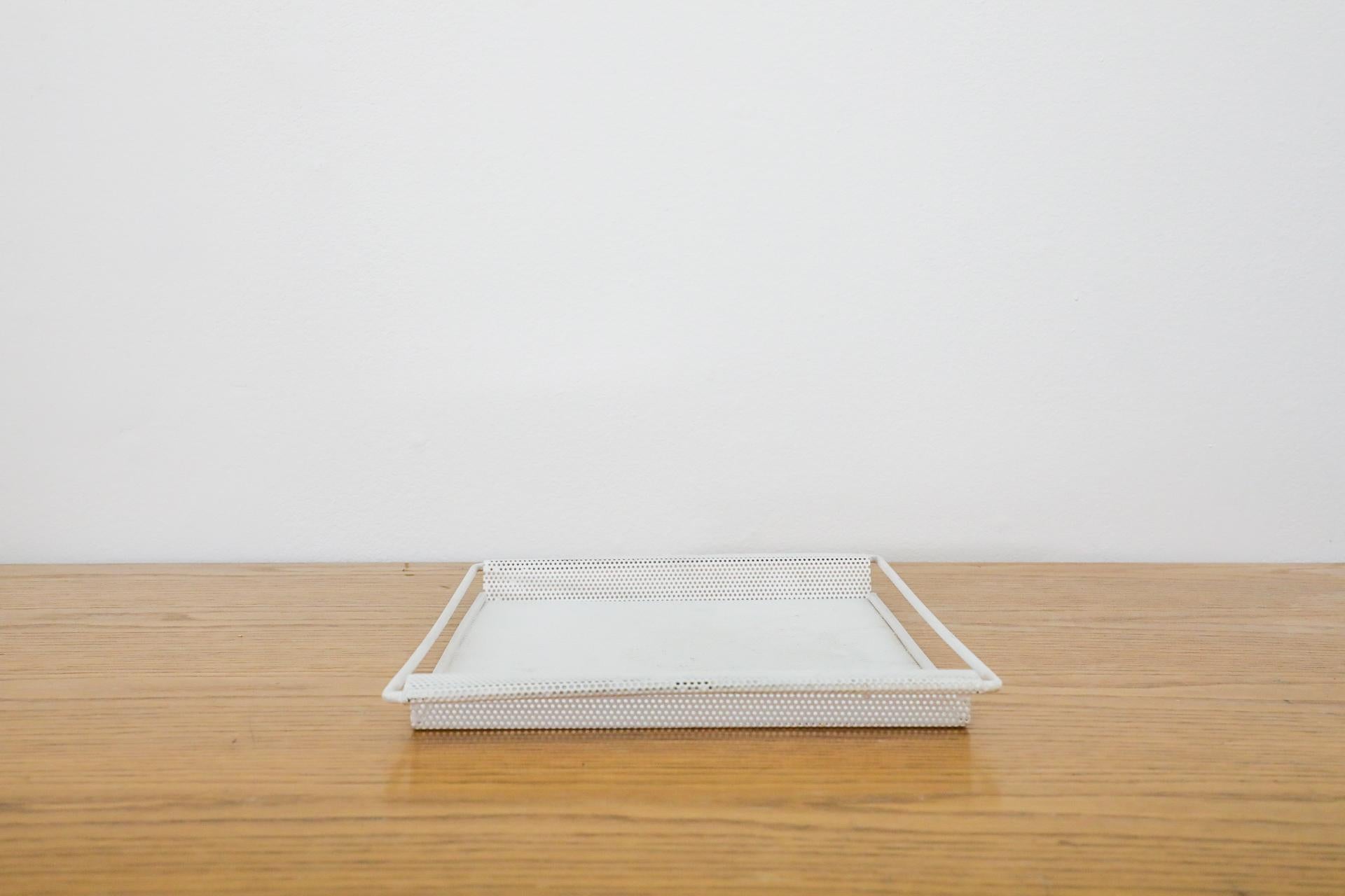 20th Century Pilastro Attributed Mategot Style White Enameled Perforated Metal Serving Tray For Sale