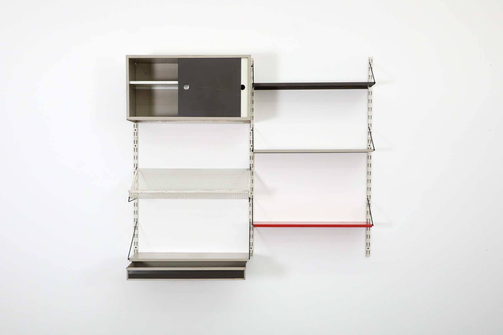 Mid-Century Modern Pilastro Two Section Enameled Metal Wall Unit w/ Desk, Cabinet & Perforated Rack