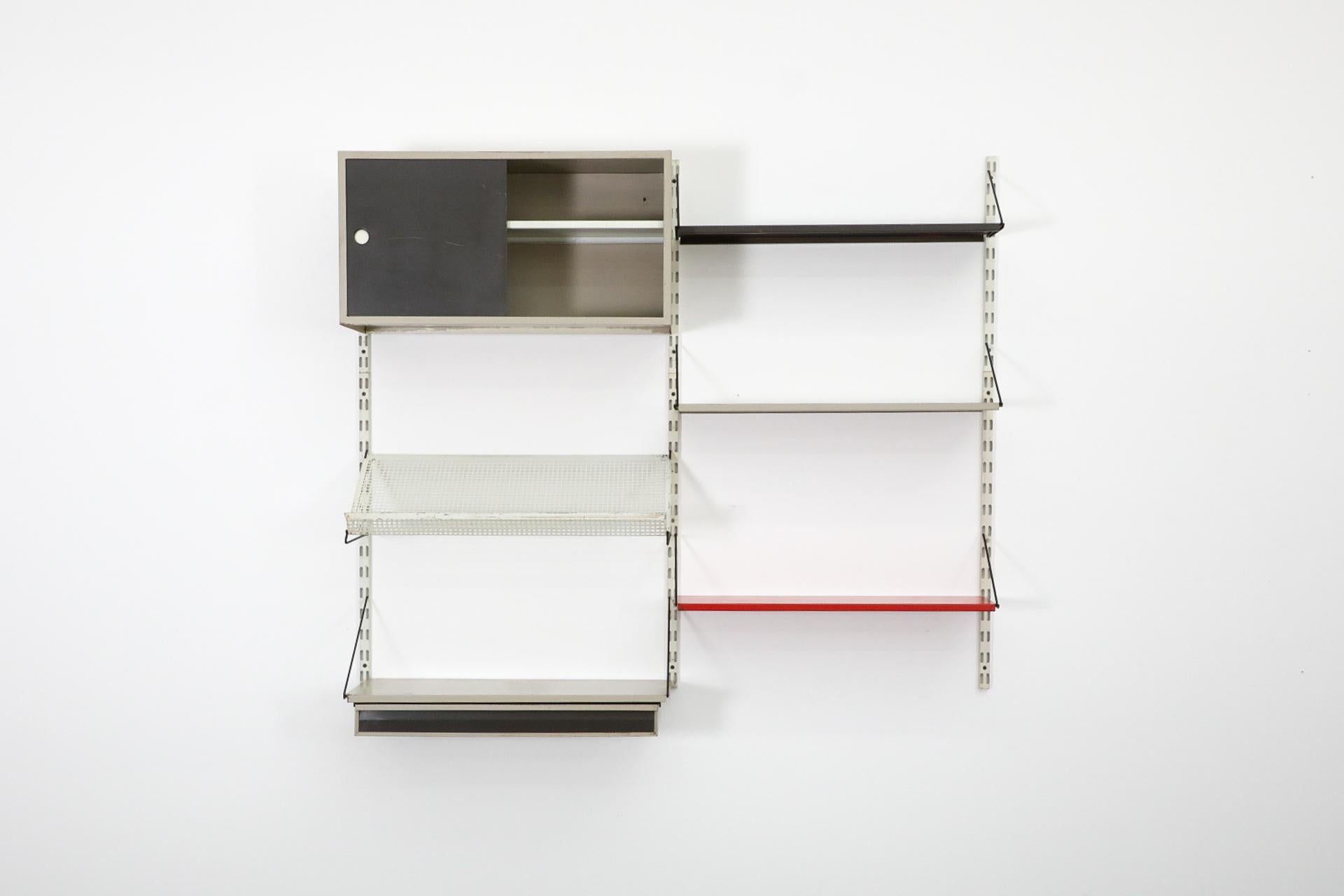 Dutch Pilastro Two Section Enameled Metal Wall Unit w/ Desk, Cabinet & Perforated Rack