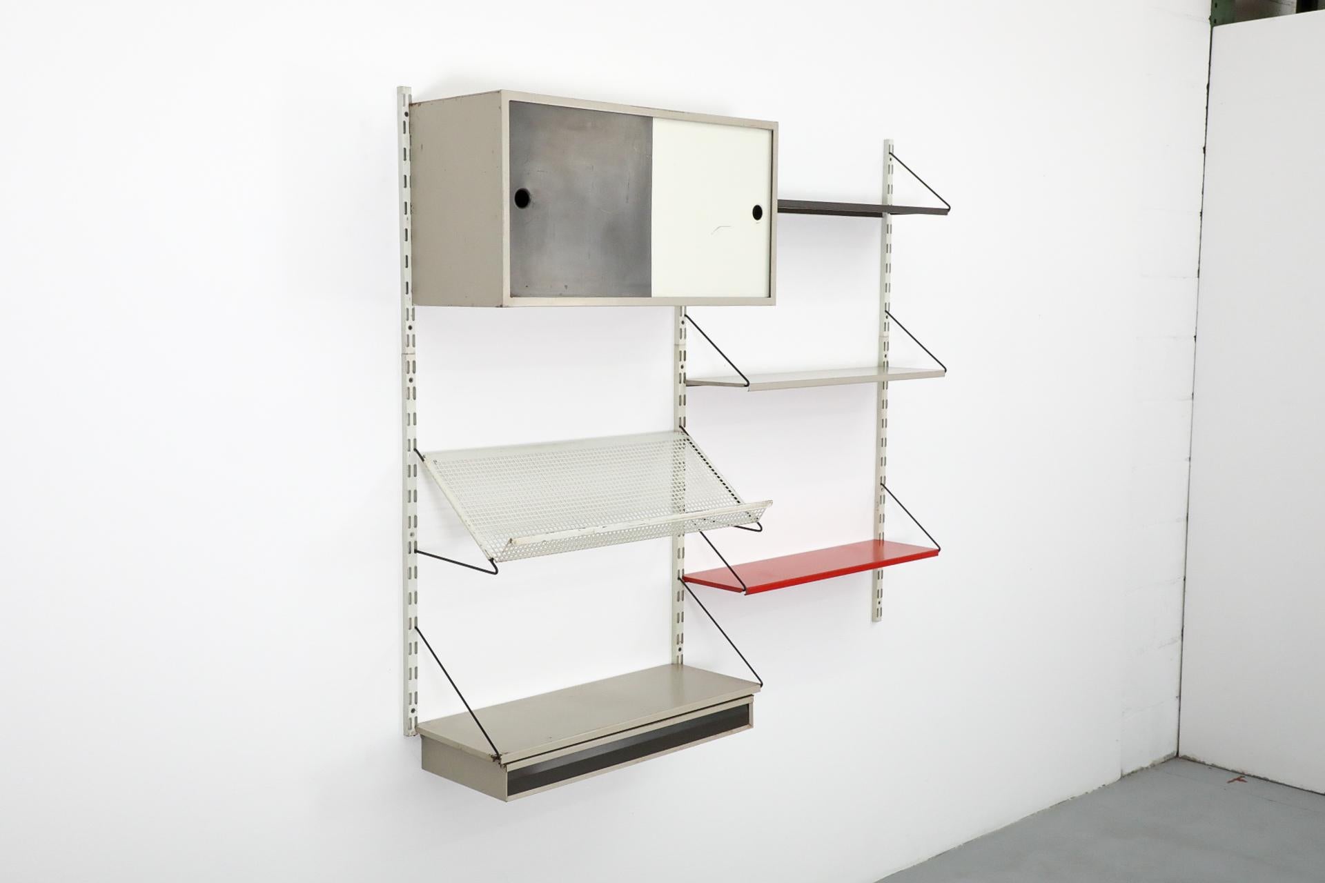Pilastro Two Section Enameled Metal Wall Unit w/ Desk, Cabinet & Perforated Rack In Good Condition In Los Angeles, CA