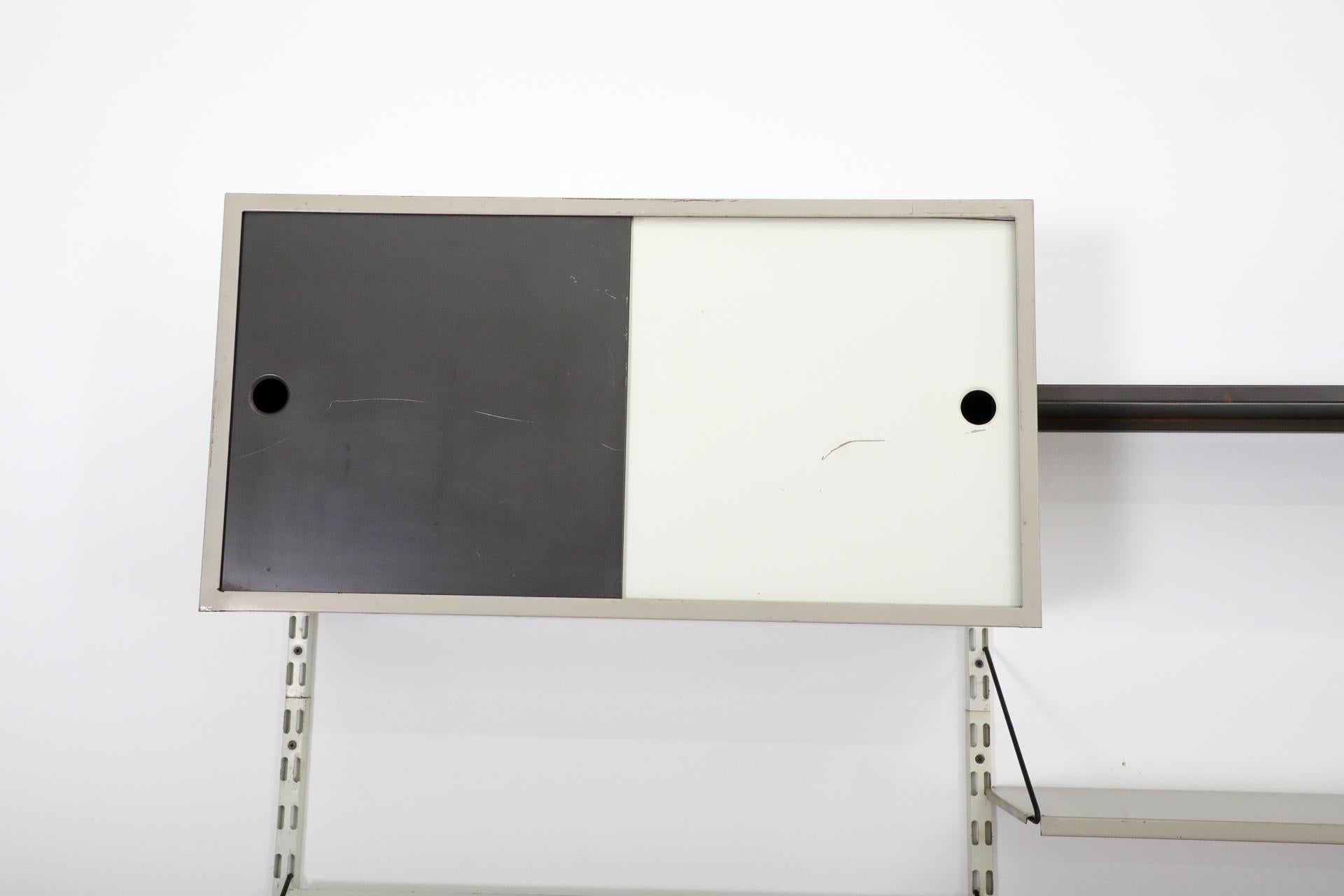 20th Century Pilastro Two Section Enameled Metal Wall Unit w/ Desk, Cabinet & Perforated Rack