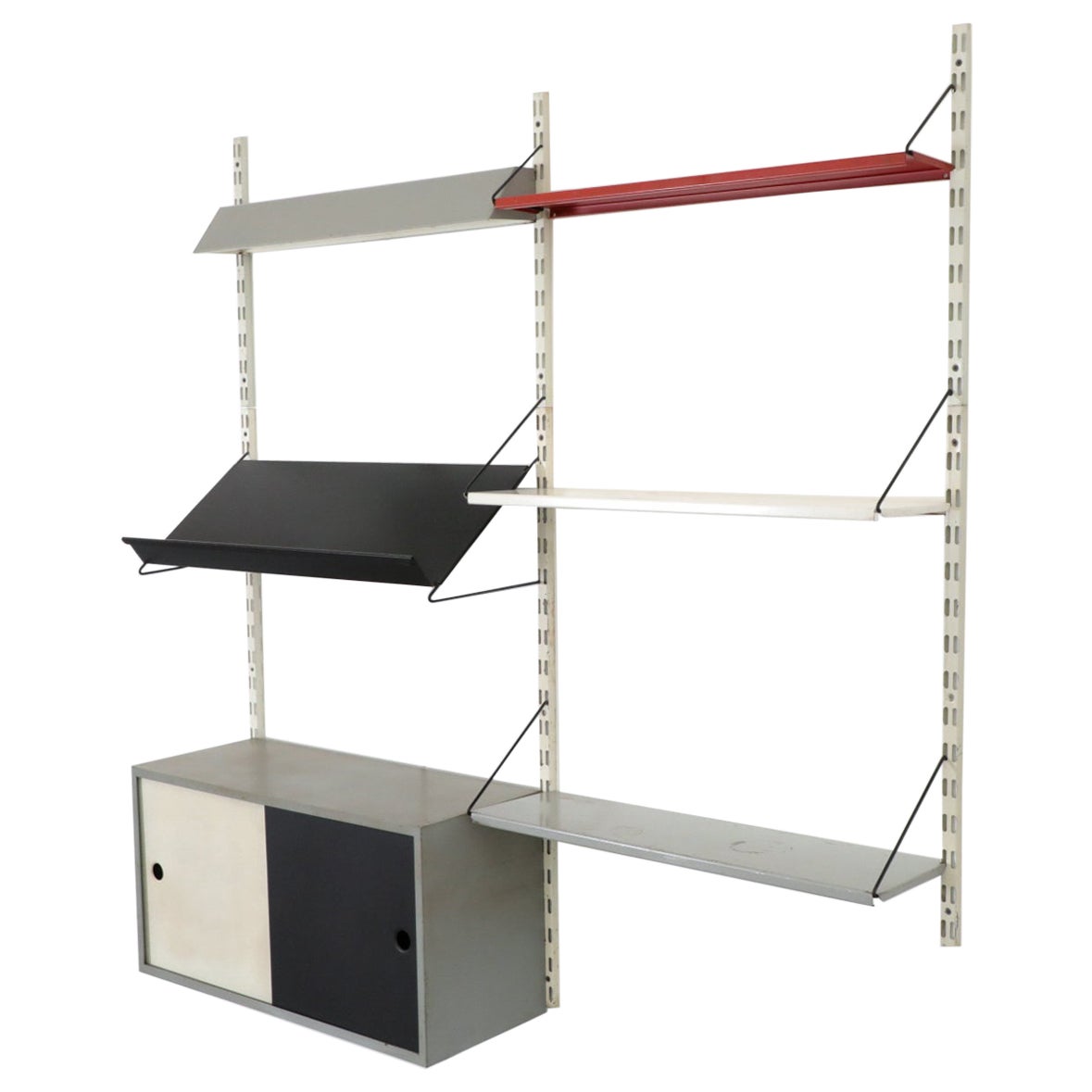 Pilastro Two Section Wall Shelving Unit with Magazine Display, Light and Cabinet