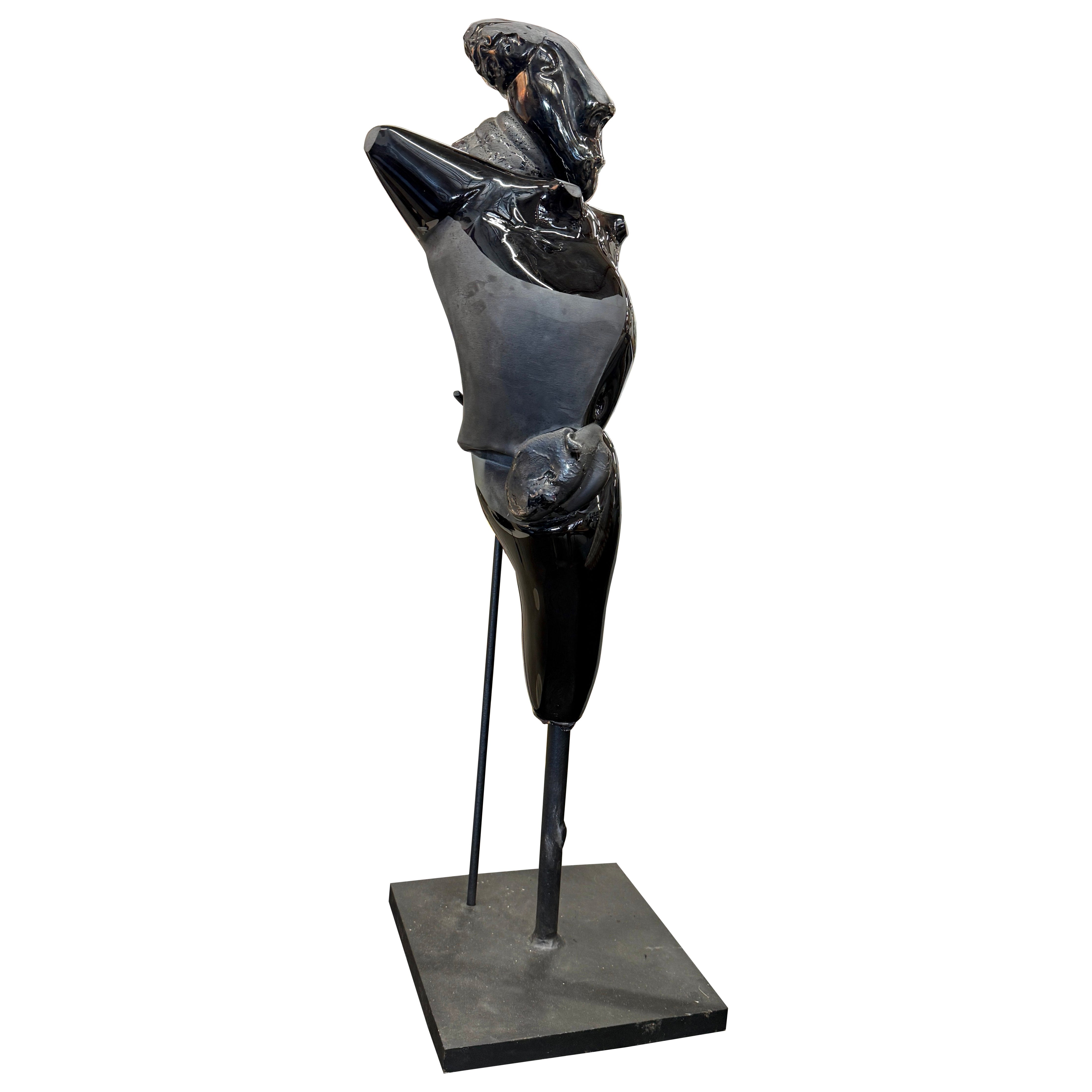 Pilchuck School Carved Art Glass Figure Mounted on Iron Base For Sale
