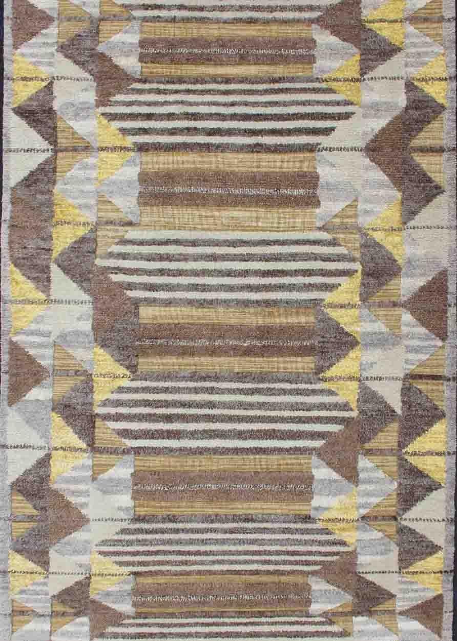 Hand-Knotted Piled Modern Gallery Scandinavian/Swedish Geometric Design Rug in Earth Tones For Sale