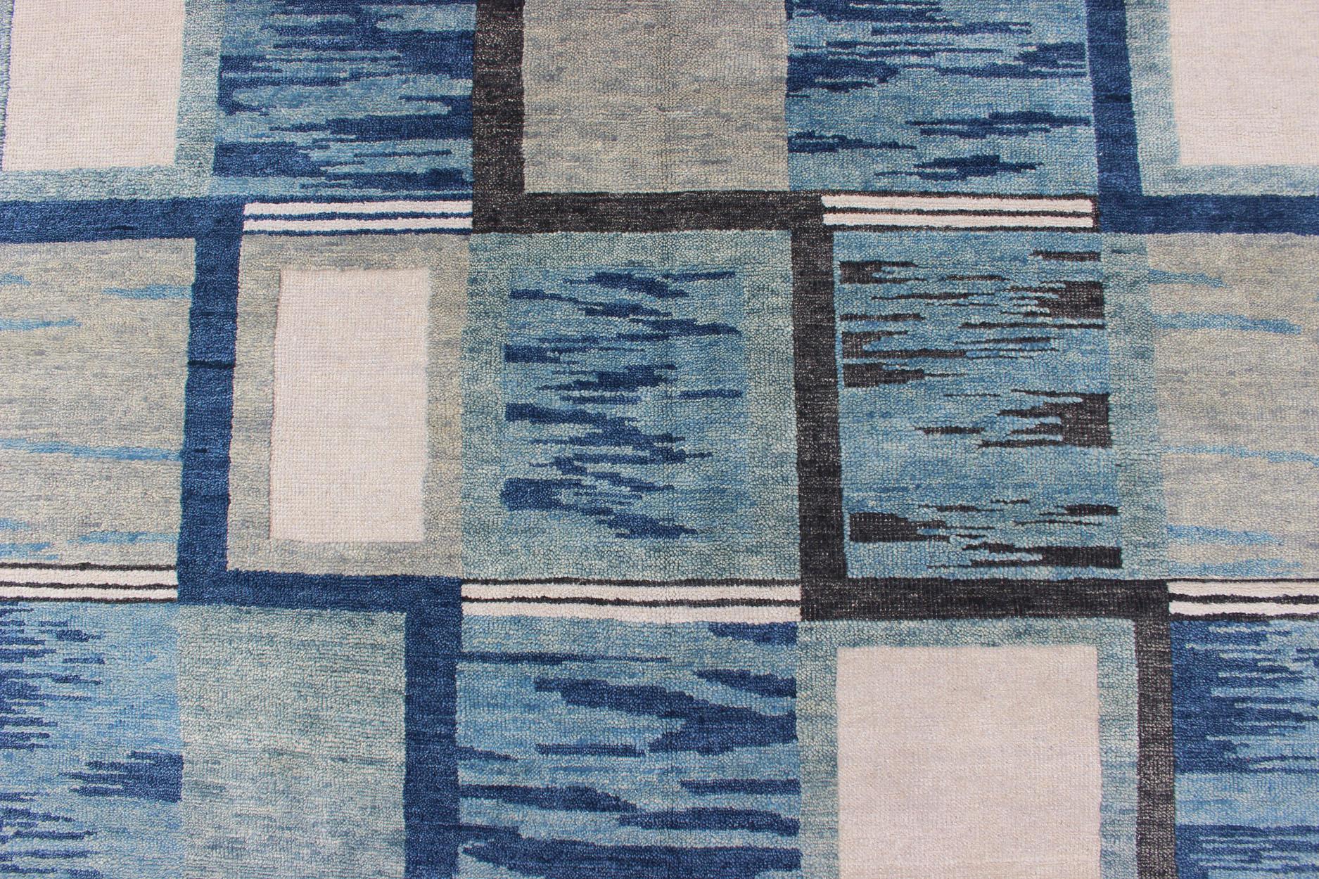 Wool Piled Modern Scandinavian/Swedish Design Rug in Blue Tones, White, Taupe & Cream For Sale