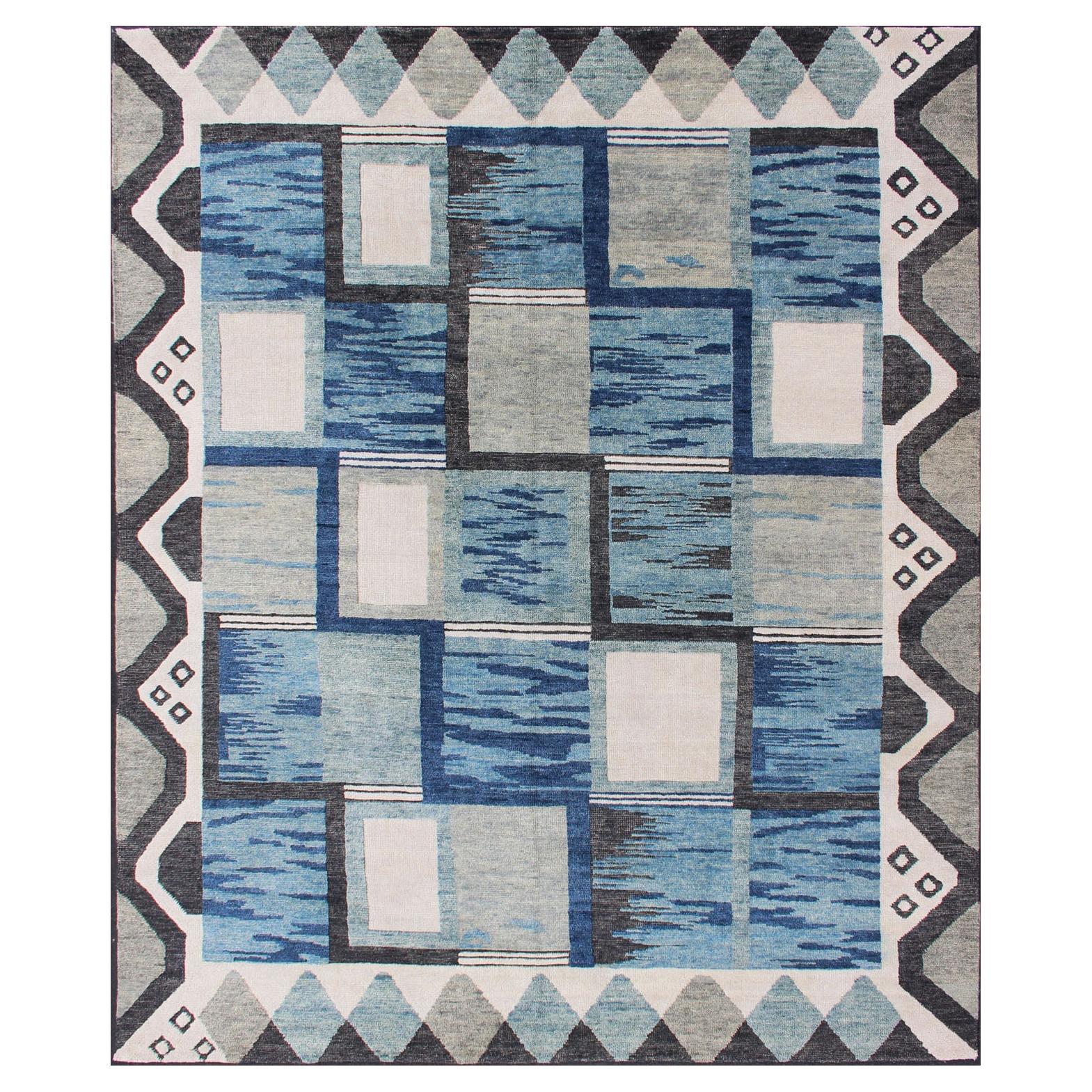 Piled Modern Scandinavian/Swedish Design Rug in Blue Tones, White, Taupe & Cream