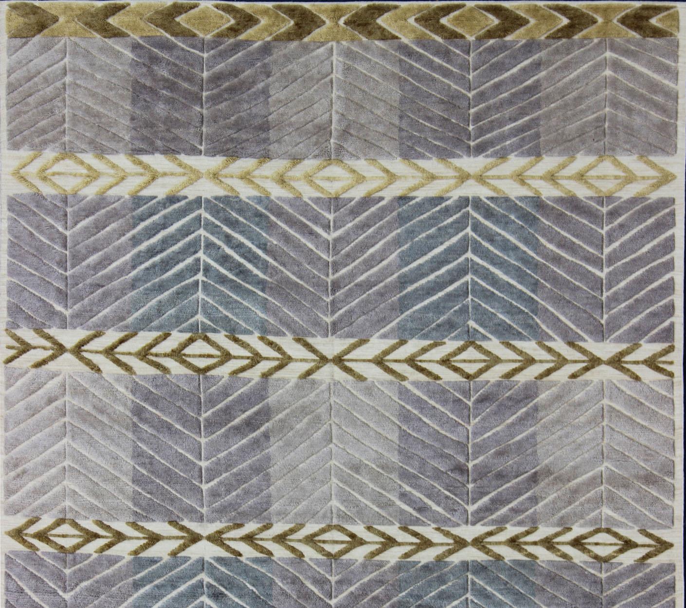 Modern Scandinavian/Swedish Design Rug by Keivan Woven Arts 
Measures: 9'2 x 11'10    
 Contemporary Scandinavian design piled rug in Light Purple/lavender, gray, green, gold, and cream, Keivan Woven Arts/ rug RJK-23293, country of origin / type: