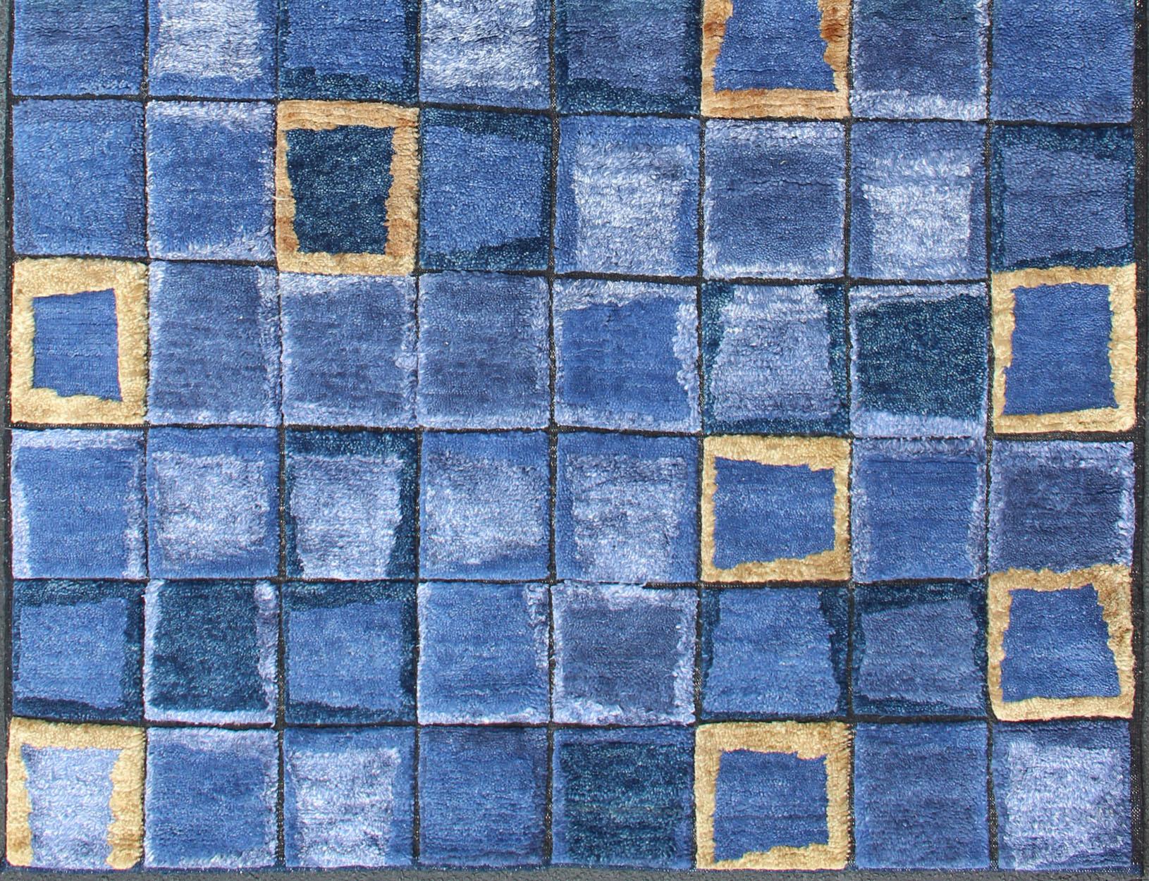 Indian Piled Modern Scandinavian/Swedish with Modern Block Design in Blues Tones For Sale
