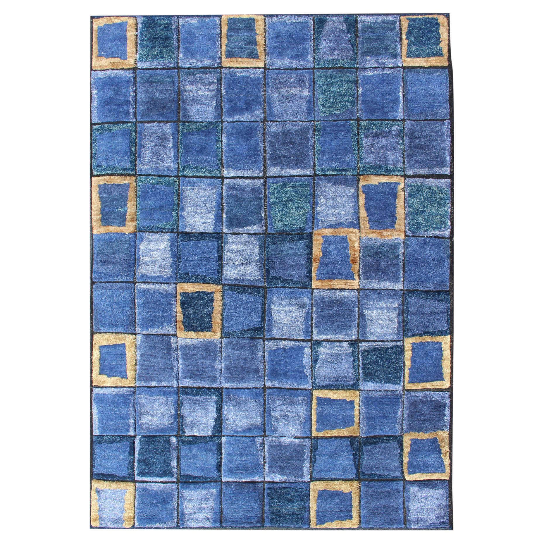 Piled Modern Scandinavian/Swedish with Modern Block Design in Blues Tones For Sale