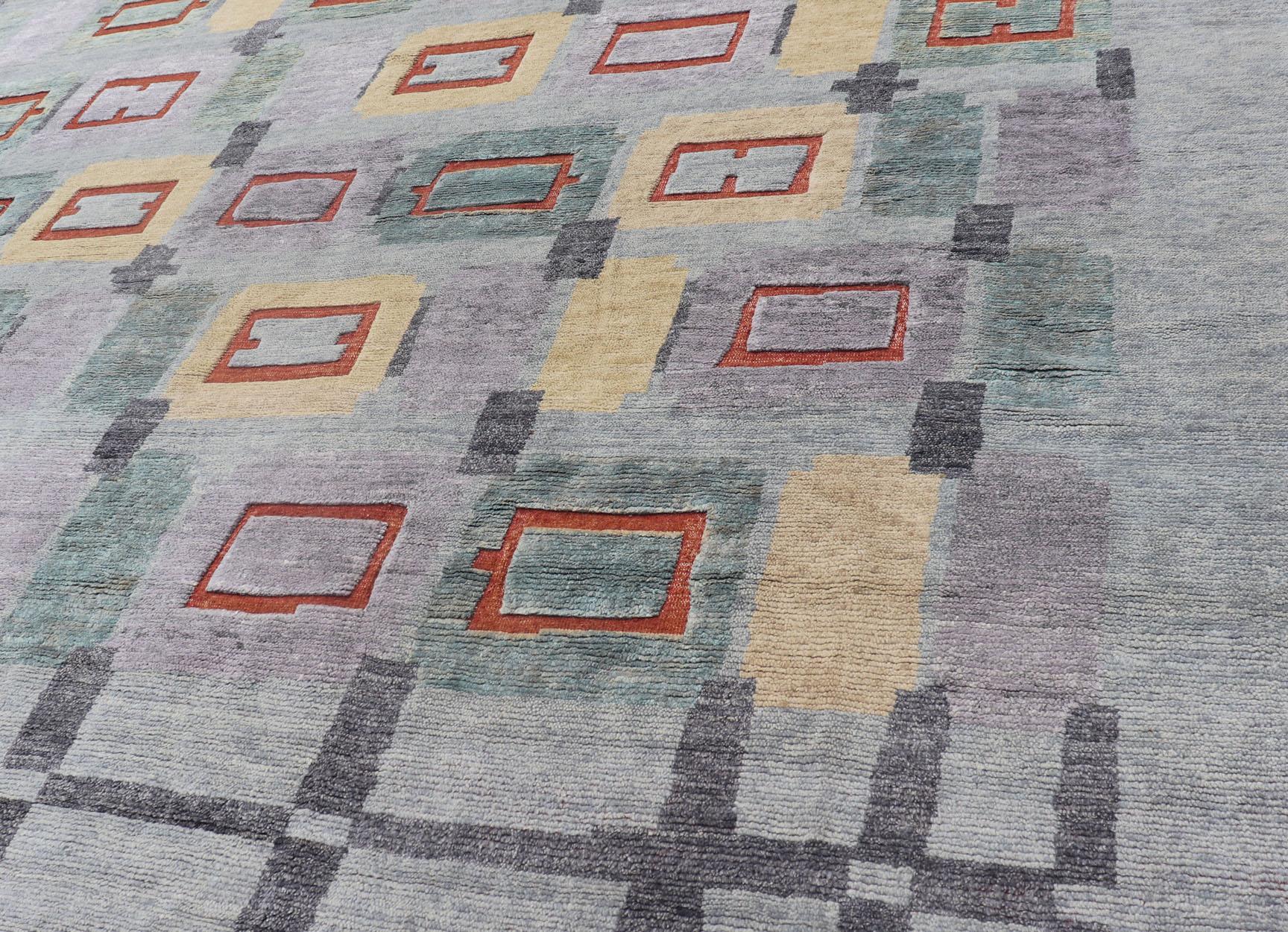 Tappeto scandinavo in lana impilata con colori grigi, rossi e pastello 10'2 x 13'11 in vendita 2
