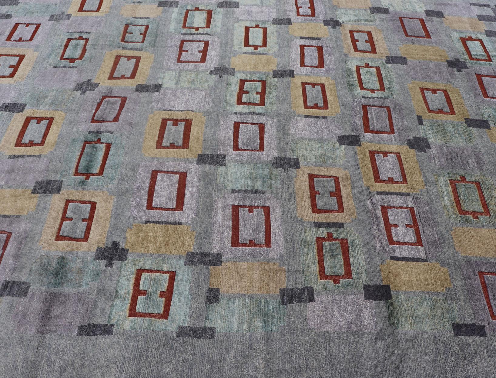 Tappeto scandinavo in lana impilata con colori grigi, rossi e pastello 10'2 x 13'11 in vendita 3