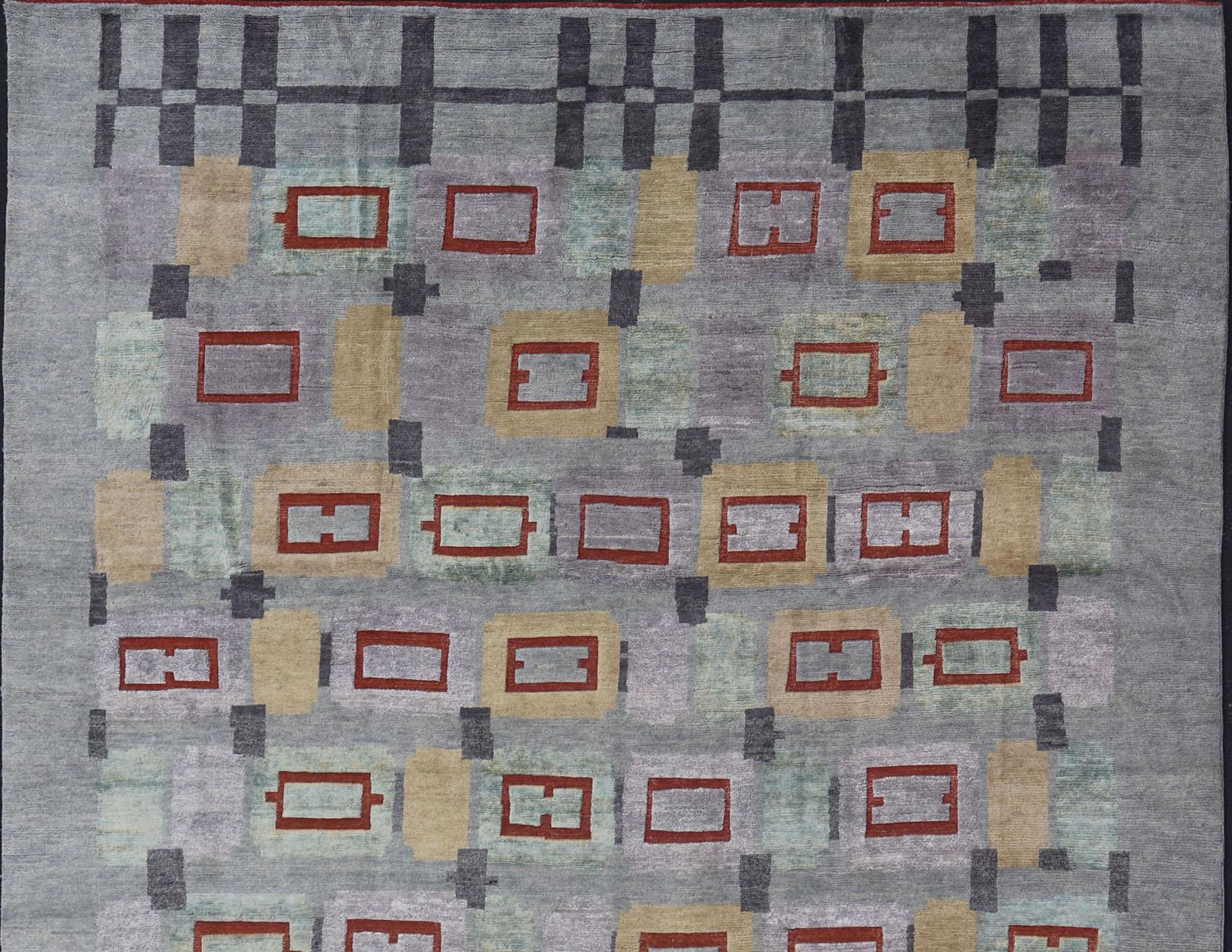 Tappeto scandinavo in lana impilata con colori grigi, rossi e pastello 10'2 x 13'11 in vendita 4