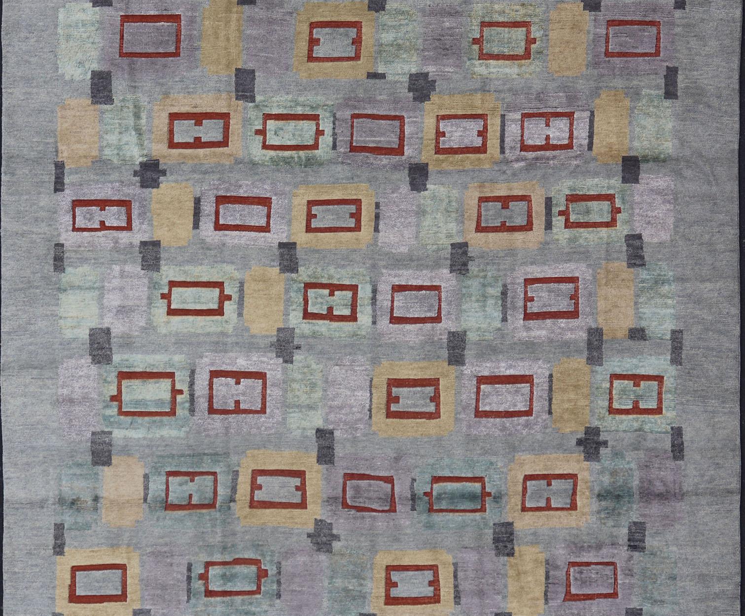 Tappeto scandinavo in lana impilata con colori grigi, rossi e pastello 10'2 x 13'11 in vendita 5