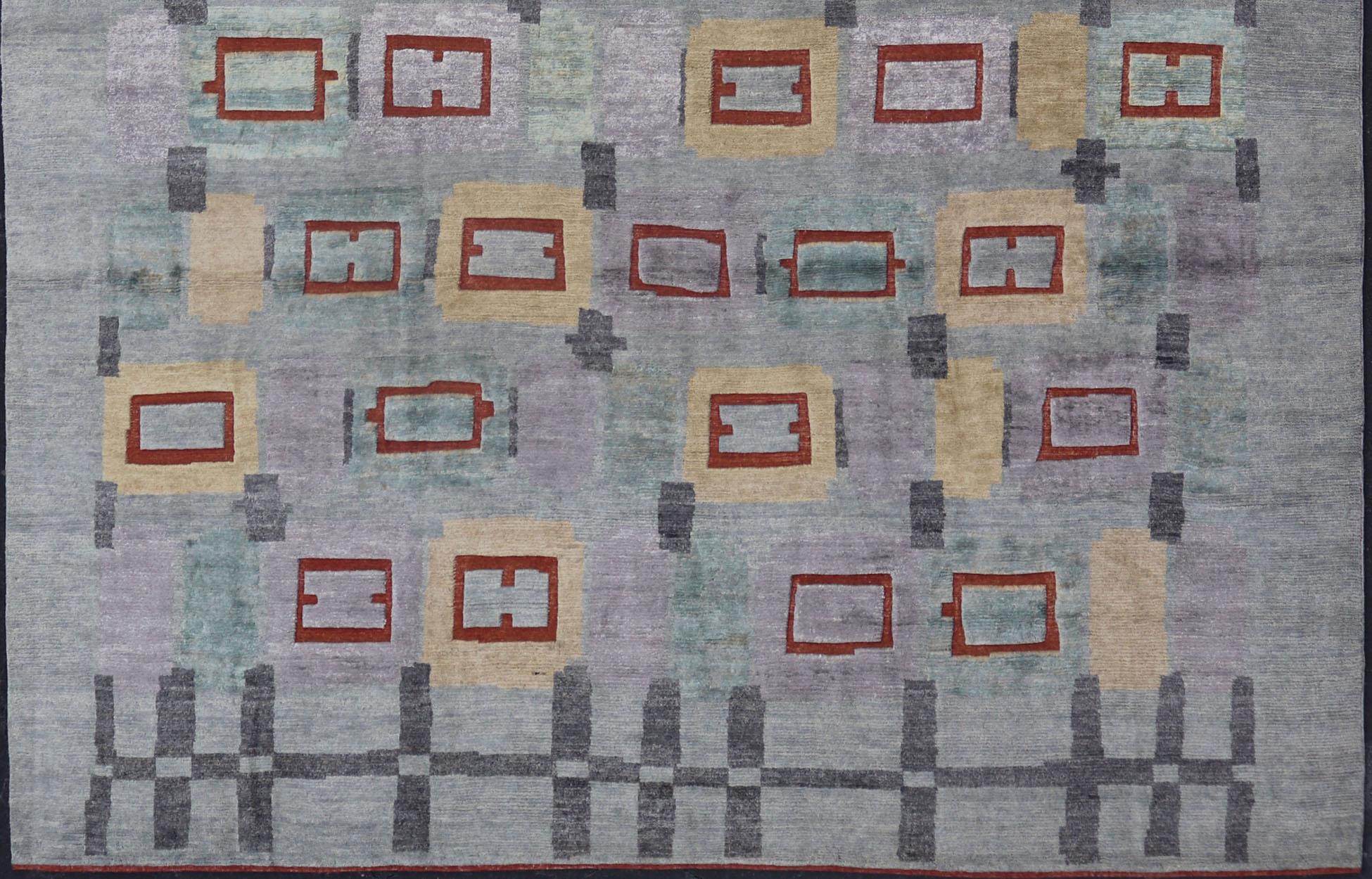 Tappeto scandinavo in lana impilata con colori grigi, rossi e pastello 10'2 x 13'11 in vendita 6