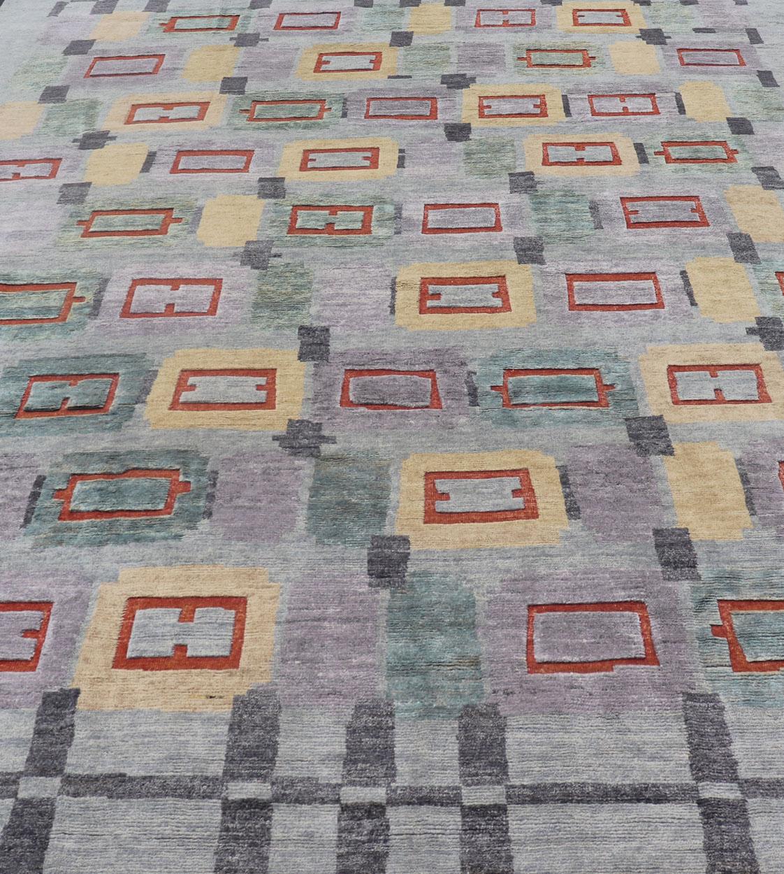 Tappeto scandinavo in lana impilata con colori grigi, rossi e pastello 10'2 x 13'11 in vendita 7