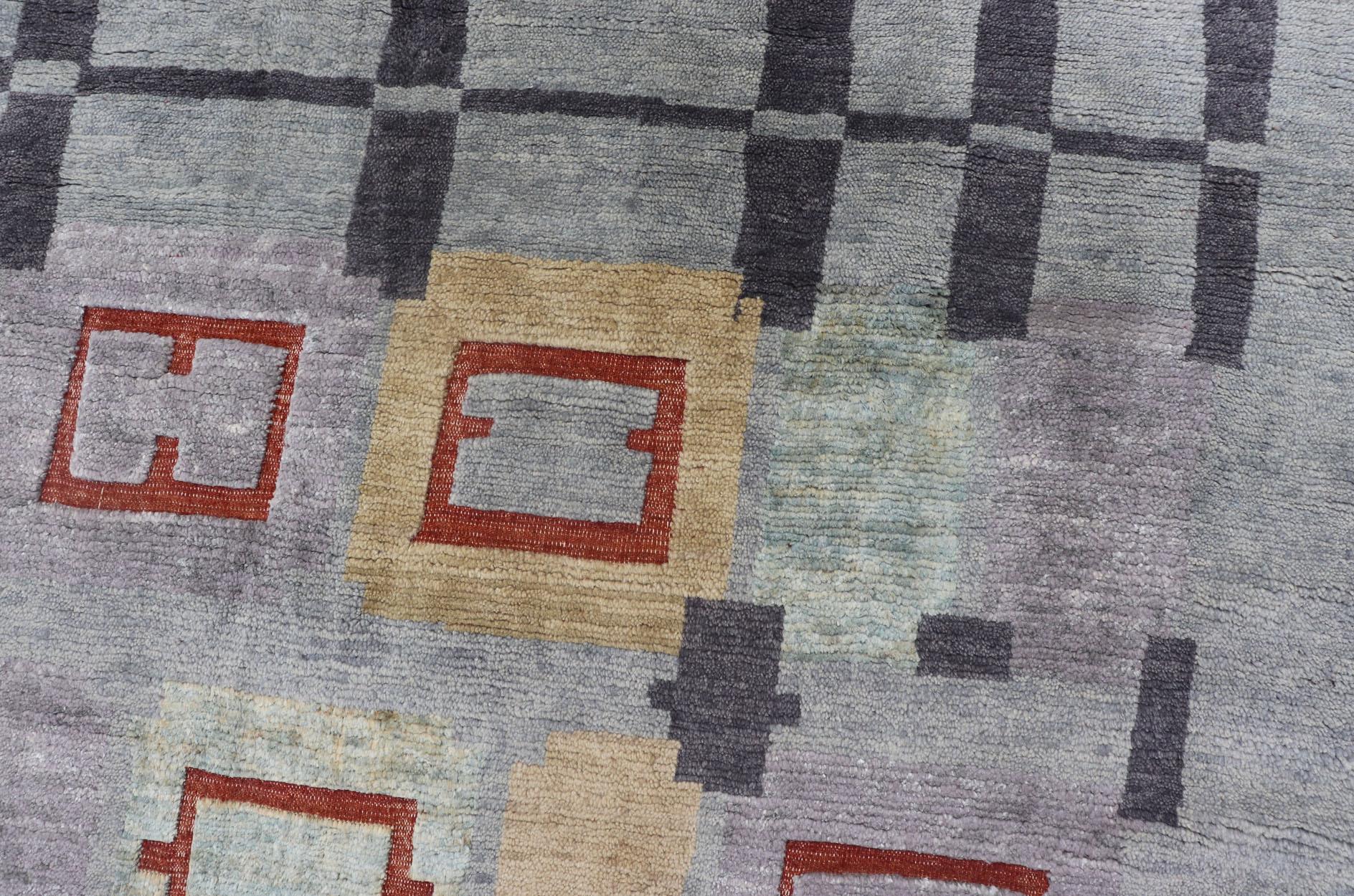 Indiano Tappeto scandinavo in lana impilata con colori grigi, rossi e pastello 10'2 x 13'11 in vendita