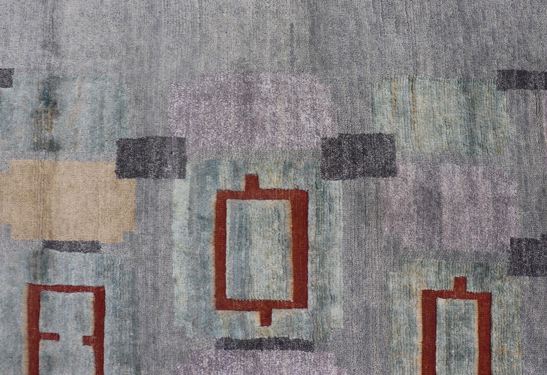 Annodato a mano Tappeto scandinavo in lana impilata con colori grigi, rossi e pastello 10'2 x 13'11 in vendita