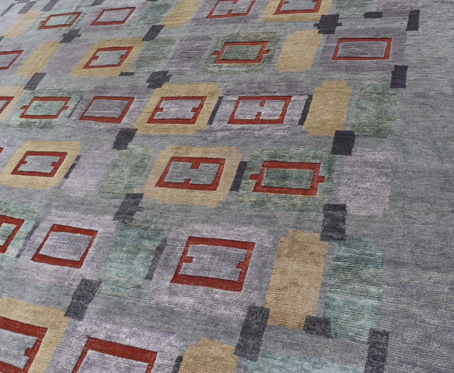 Tappeto scandinavo in lana impilata con colori grigi, rossi e pastello 10'2 x 13'11 in vendita 1