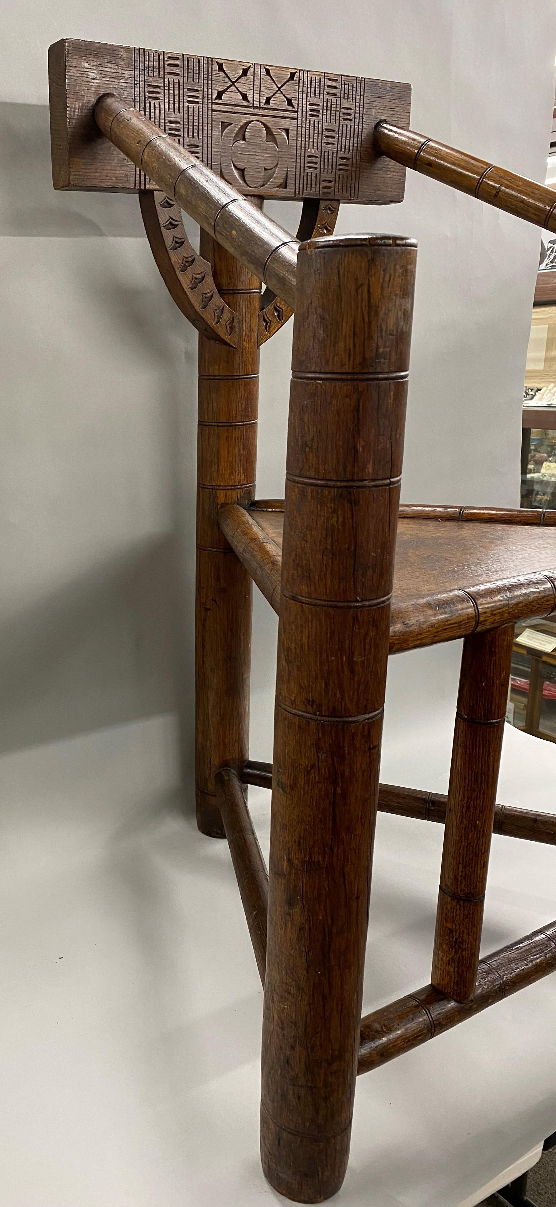 Colonial Revival Pilgrim Century Style Carved Oak Turner's Corner Chair