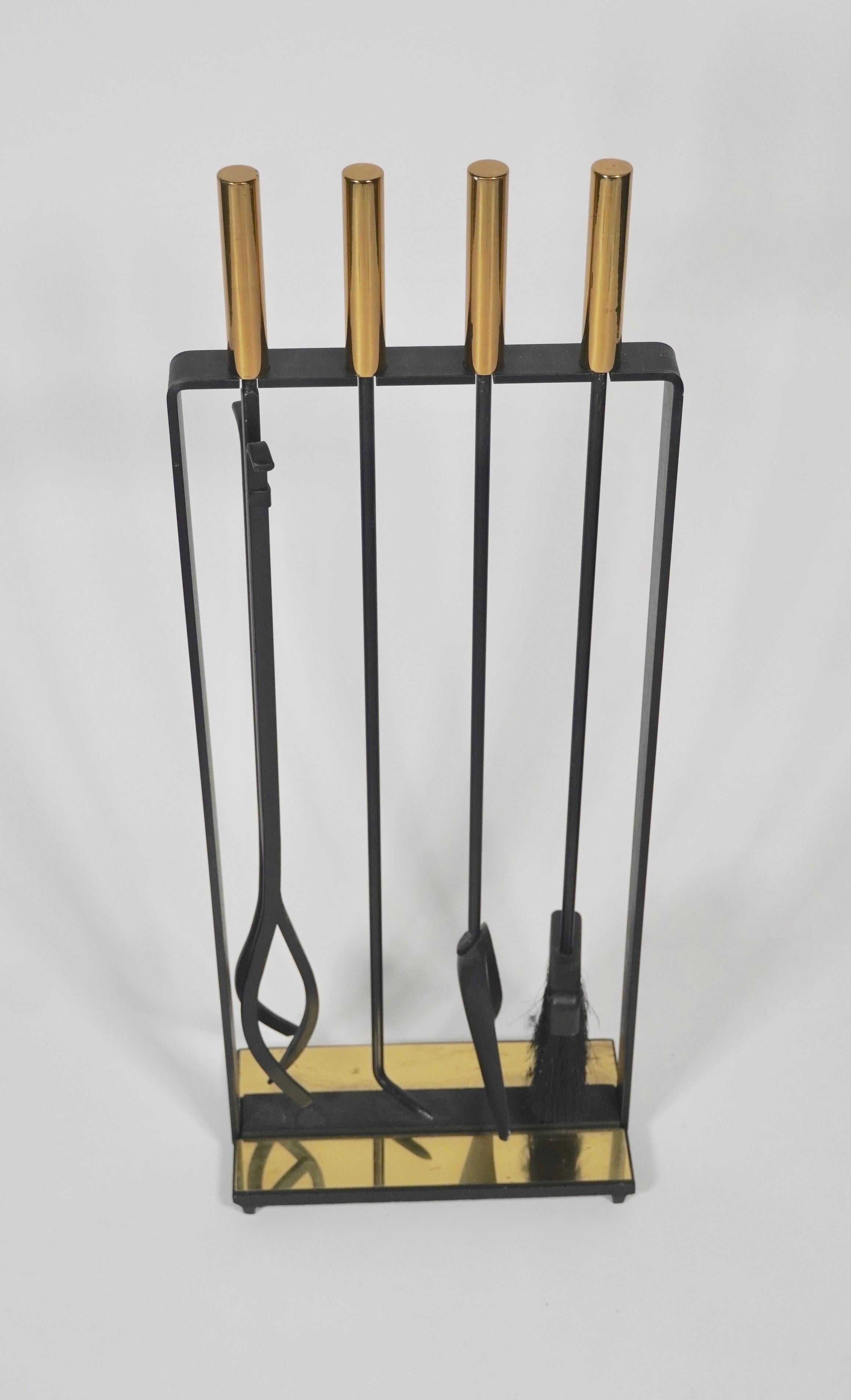Post-Modern Pilgrim Fireplace Tools in Brass and Black Metal For Sale