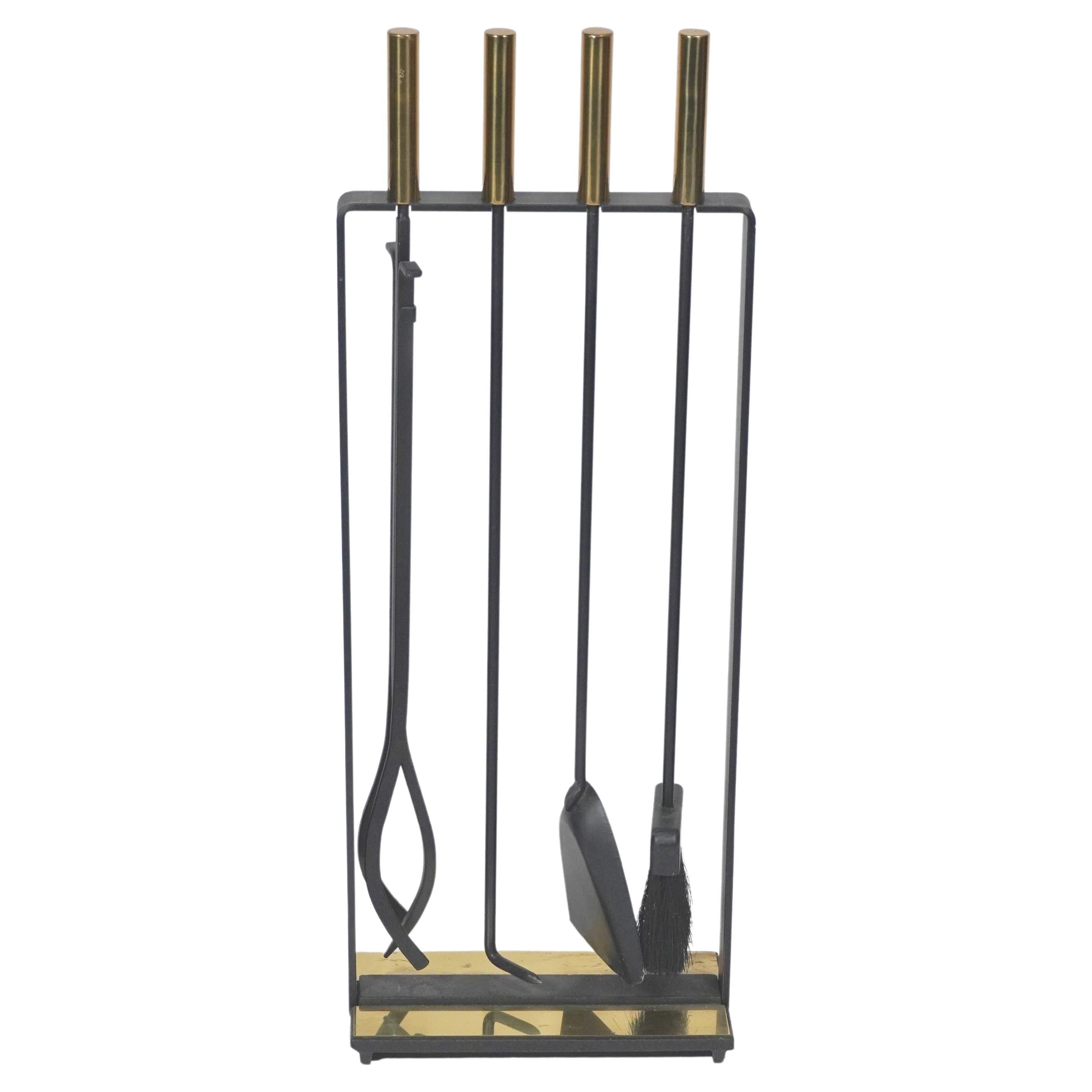 Pilgrim Fireplace Tools in Brass and Black Metal For Sale