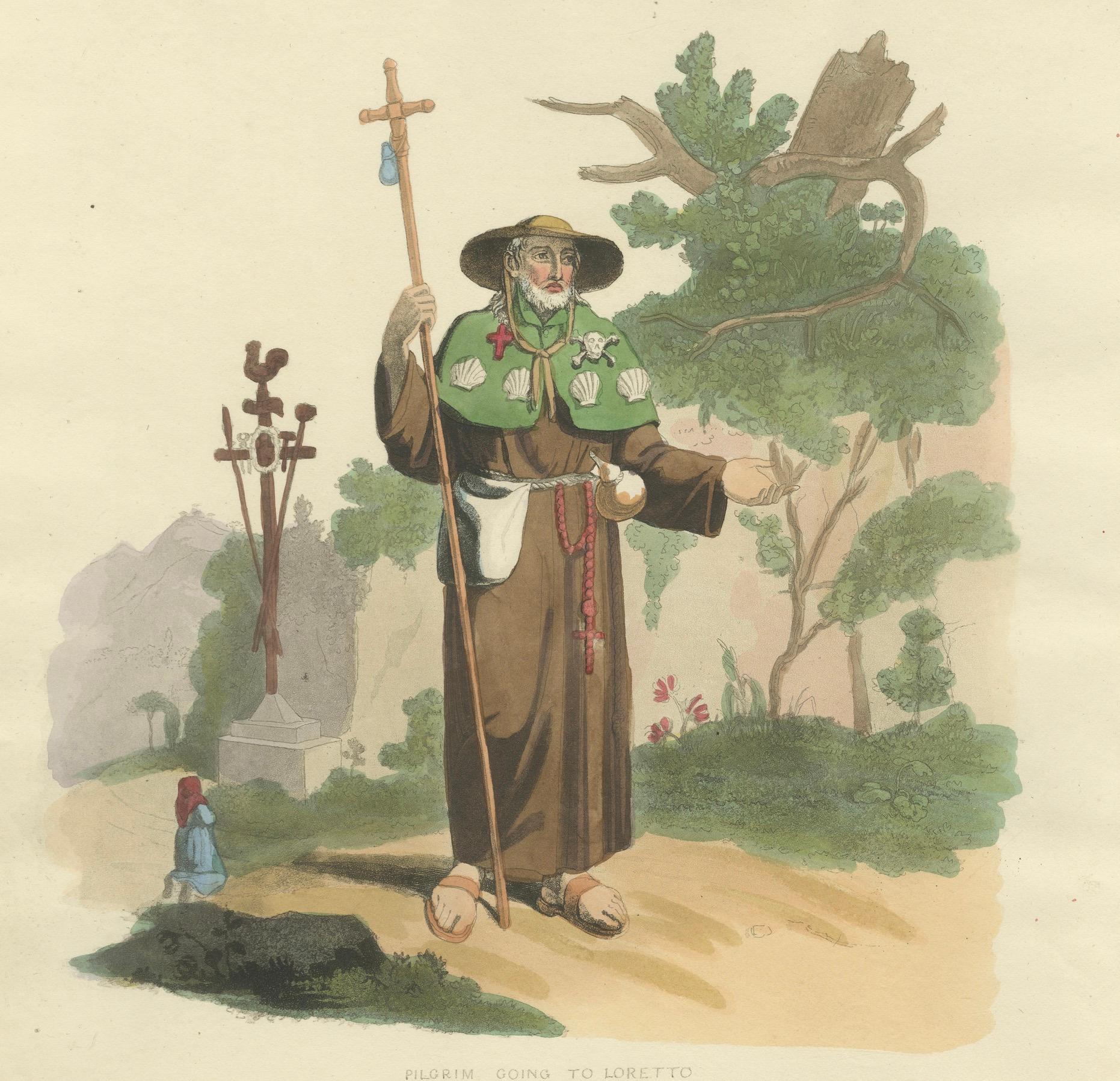 Milieu du XIXe siècle Pèlerin se rendant à Loretto en Italie - Gravure coloriée à la main par R. Bridgens, 1835 en vente