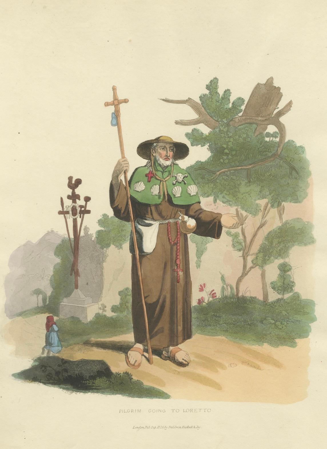 Papier Pèlerin se rendant à Loretto en Italie - Gravure coloriée à la main par R. Bridgens, 1835 en vente