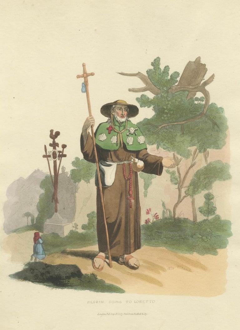 Pèlerin se rendant à Loretto en Italie Gravure coloriée à la