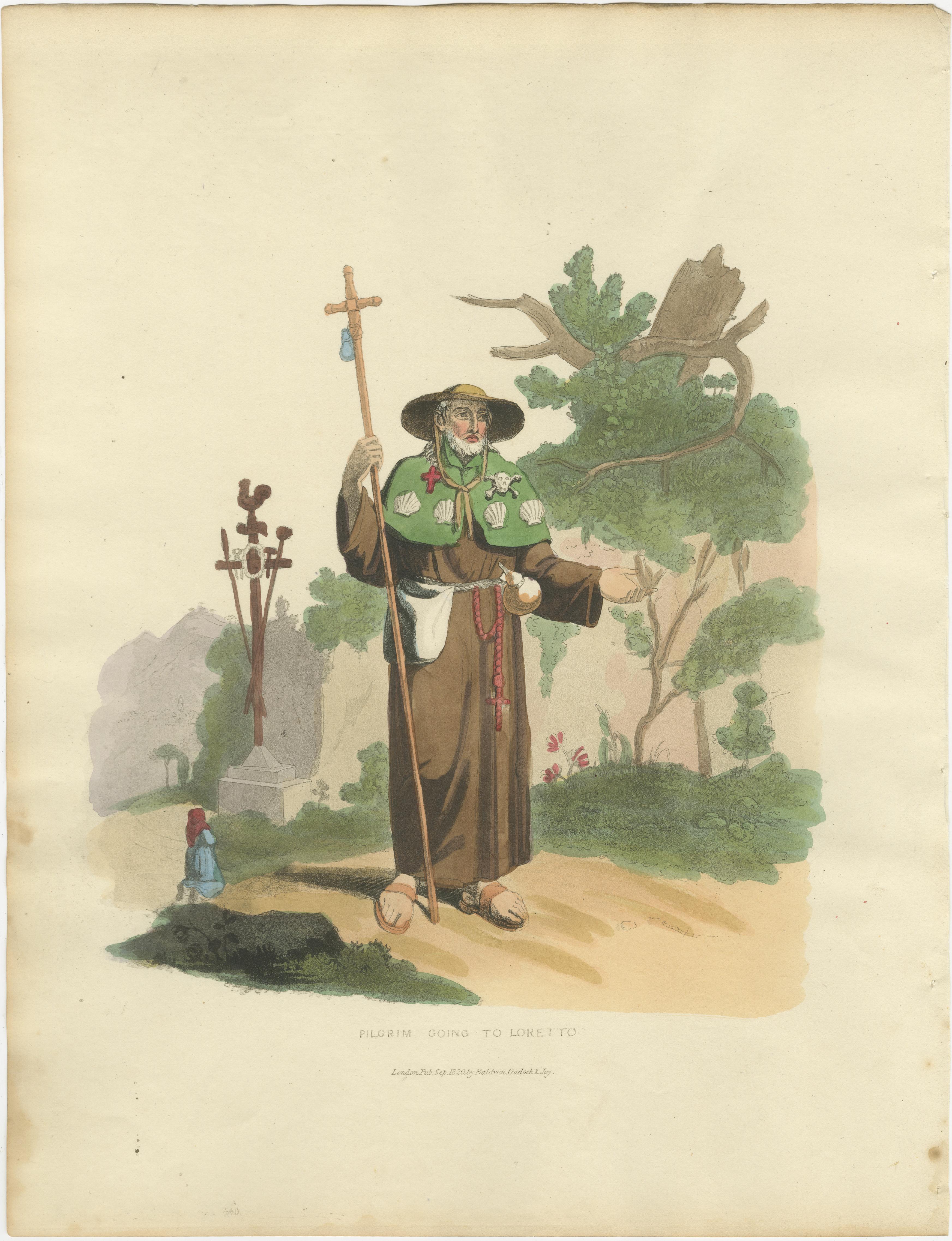 Pèlerin se rendant à Loretto en Italie - Gravure coloriée à la main par R. Bridgens, 1835 en vente 1