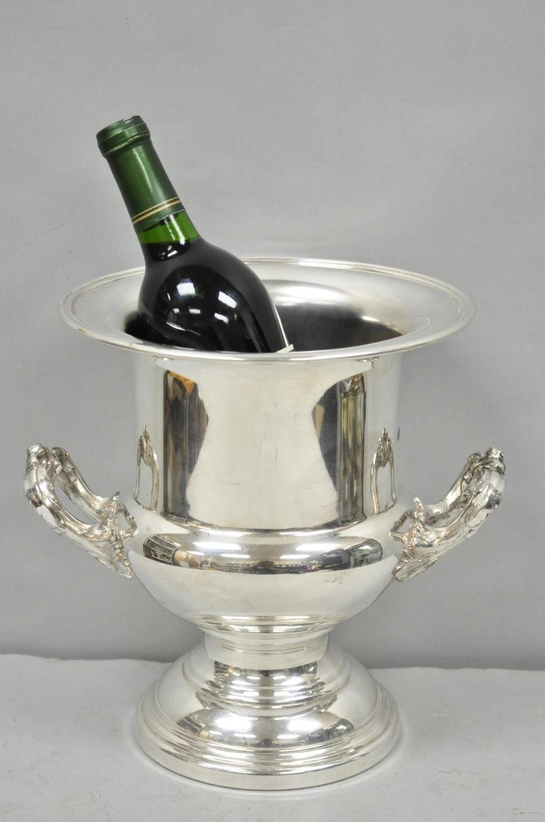 Vintage Silver Plated Victorian Trophy Cup Urn Bar Champagne Chiller Ice Bucket by Pilgrim. Circa Mid 20th Century. Measurements: 10