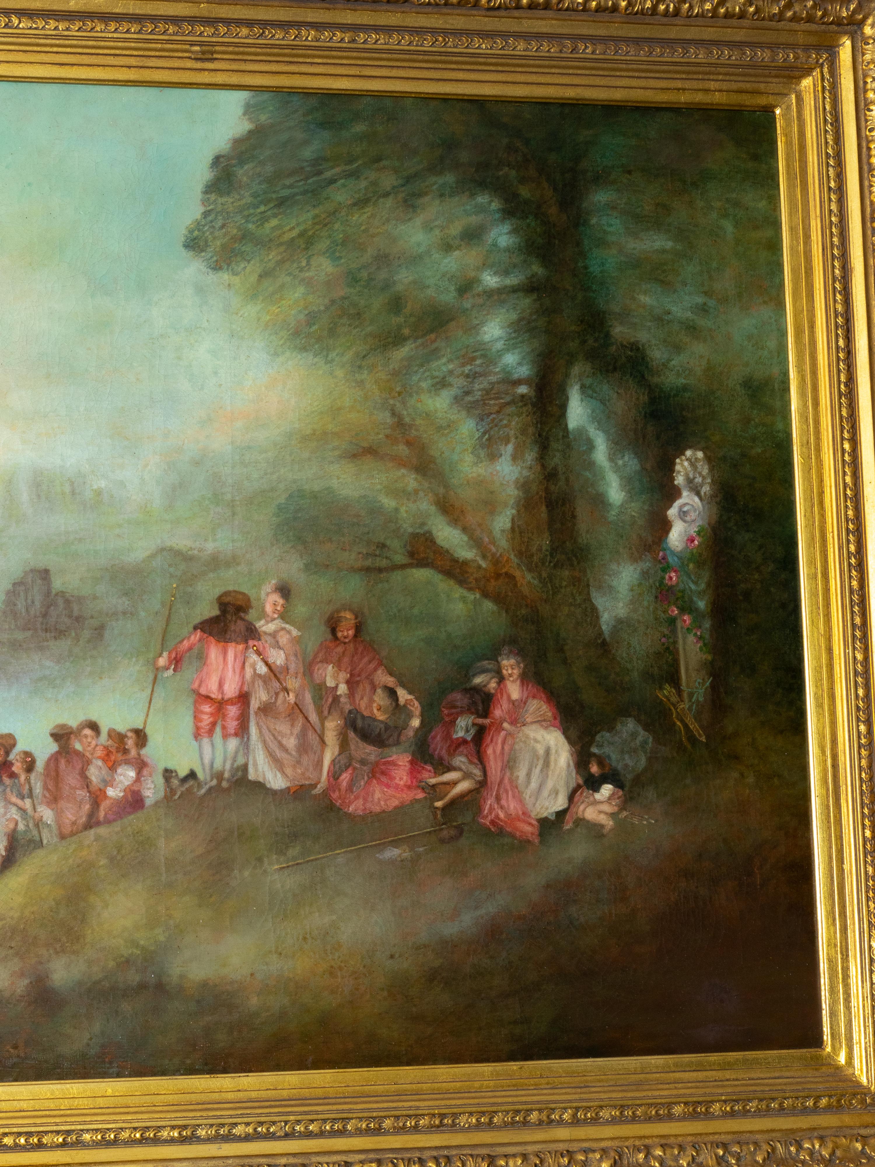 Pilgerfahrt Französischer Barock Ölgemälde, (After) Jean-Antoine Watteau (Geölt) im Angebot