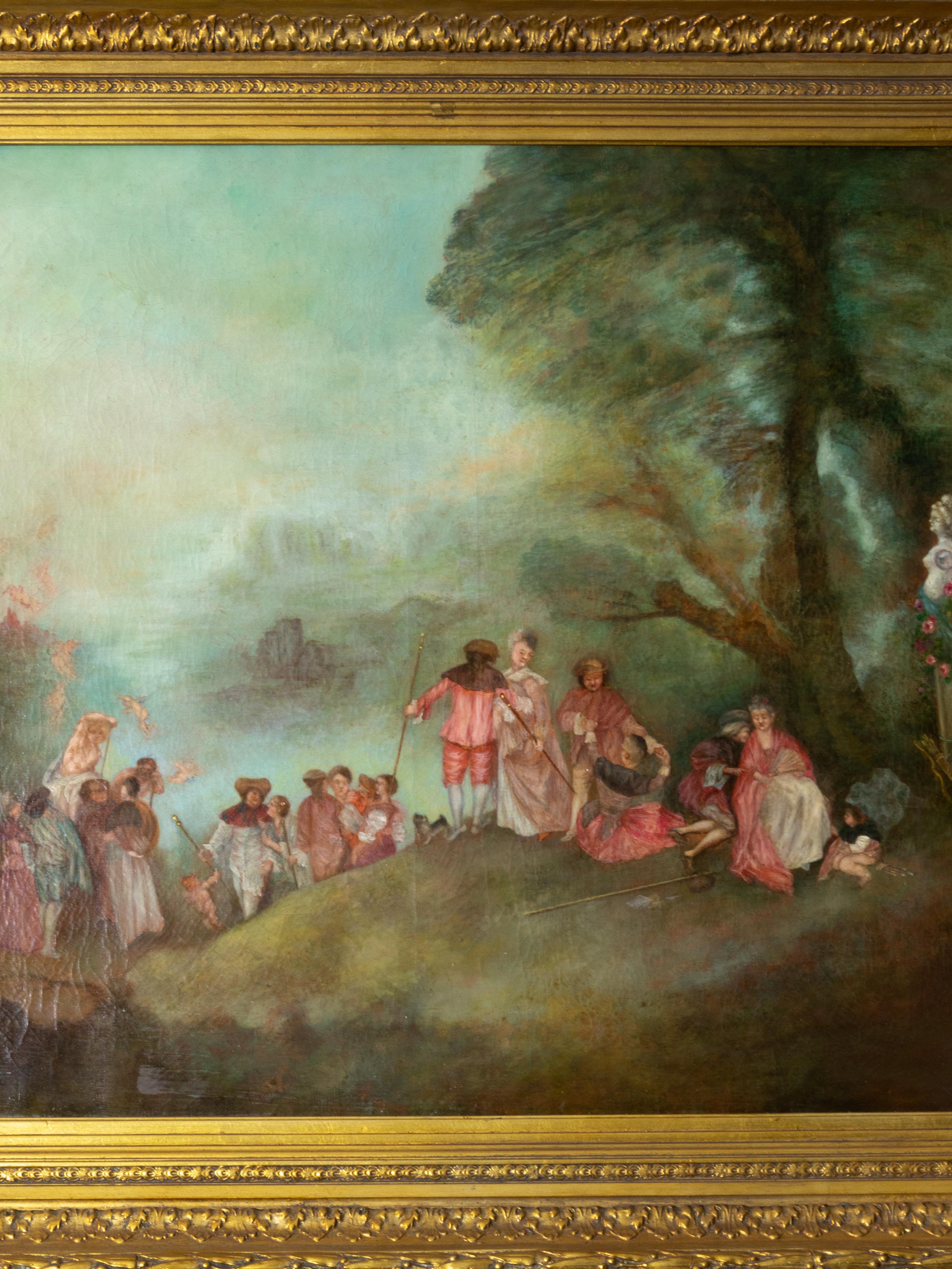 Pilgerfahrt Französischer Barock Ölgemälde, (After) Jean-Antoine Watteau im Zustand „Gut“ im Angebot in Lisbon, PT