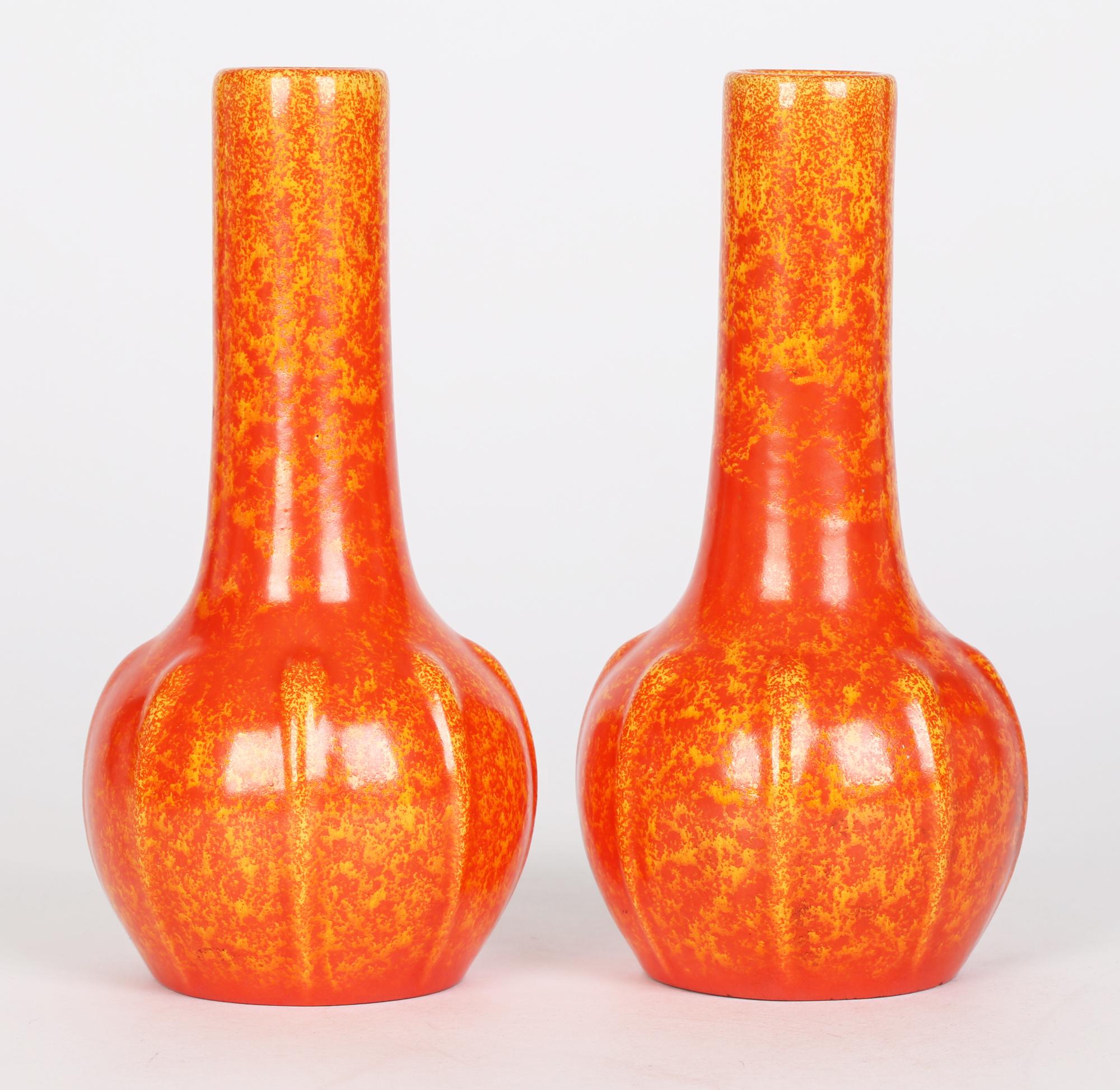 Pilkington Pair Art Deco Orange Vermilion Glazed Art Pottery Vases 8
