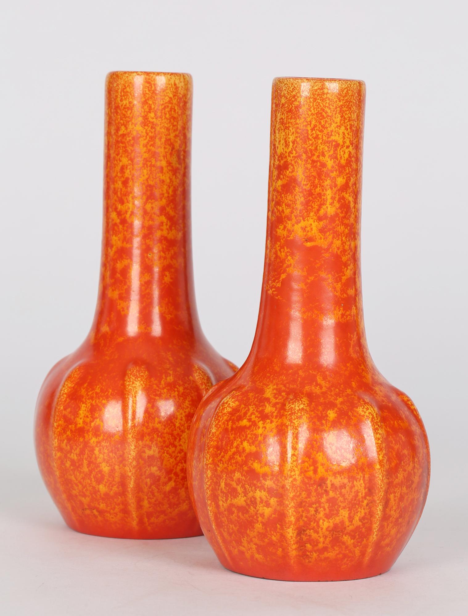 Mid-20th Century Pilkington Pair Art Deco Orange Vermilion Glazed Art Pottery Vases