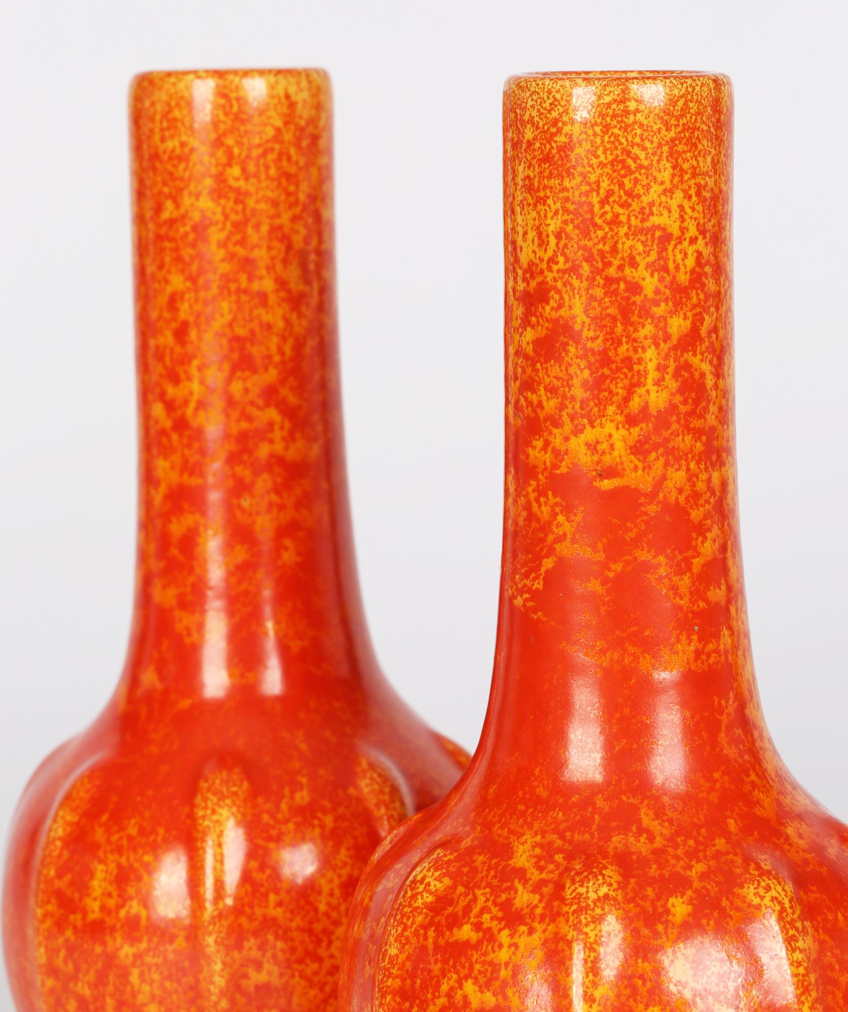 Pilkington Pair Art Deco Orange Vermilion Glazed Art Pottery Vases 1