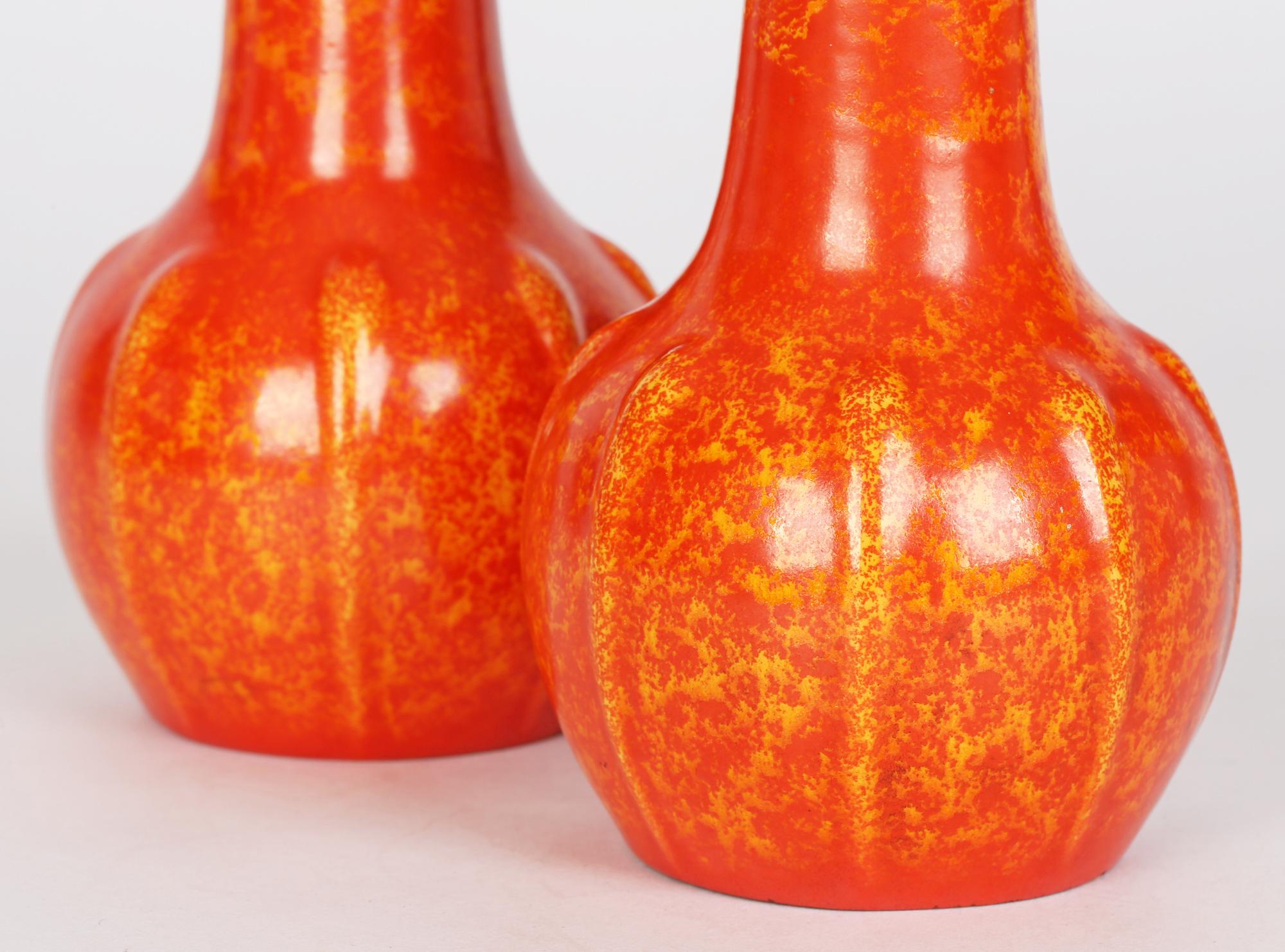 Pilkington Pair Art Deco Orange Vermilion Glazed Art Pottery Vases 2